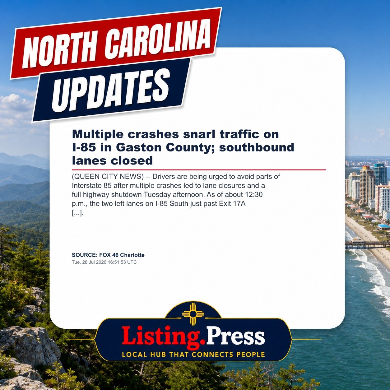Multiple crashes snarl traffic on I-85 in Gaston County; southbound lanes closed
