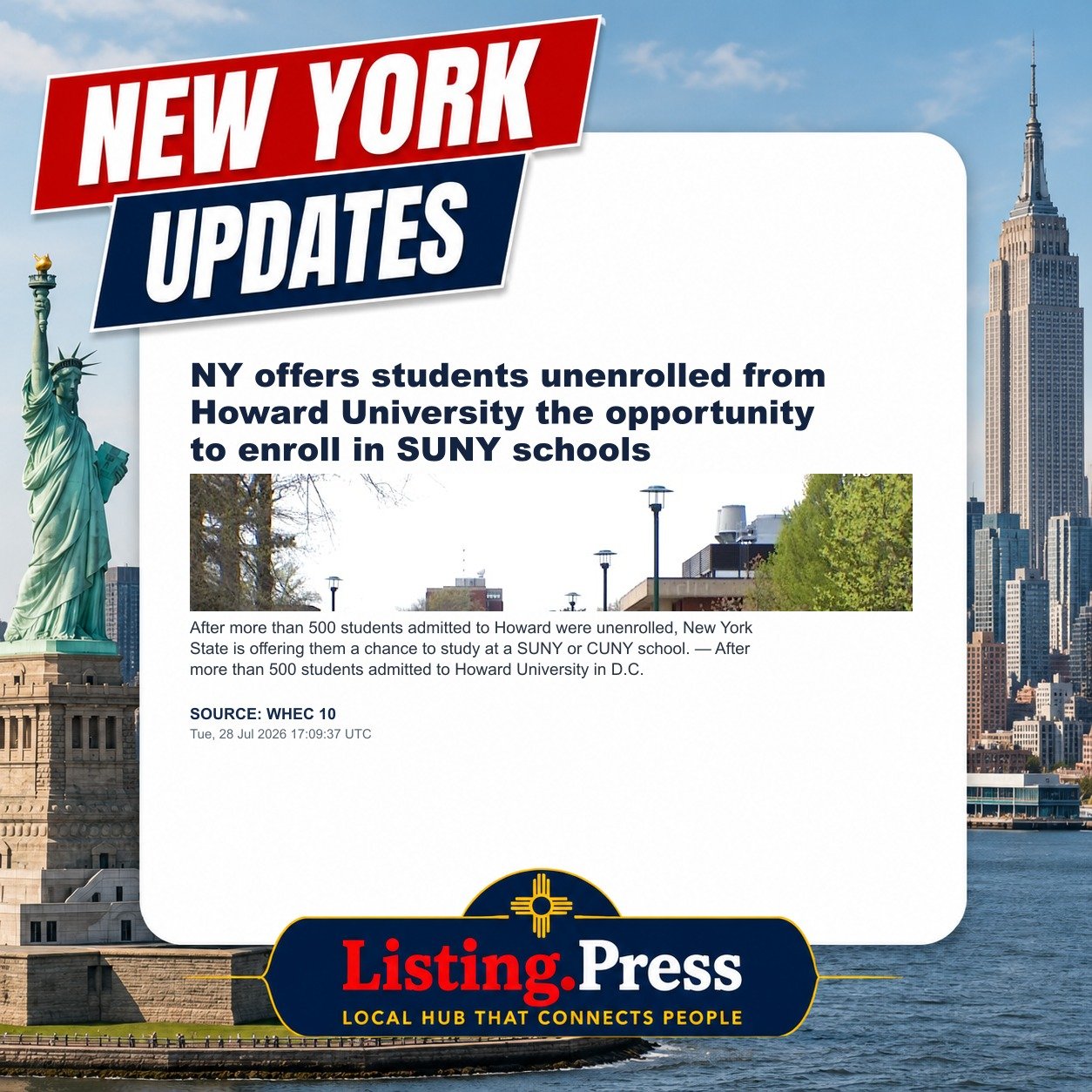 NY offers students unenrolled from Howard University the opportunity to enroll in SUNY schools