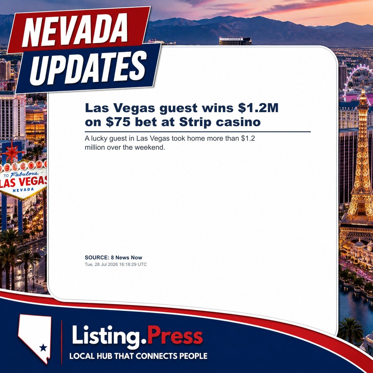Las Vegas guest wins $1.2M on $75 bet at Strip casino