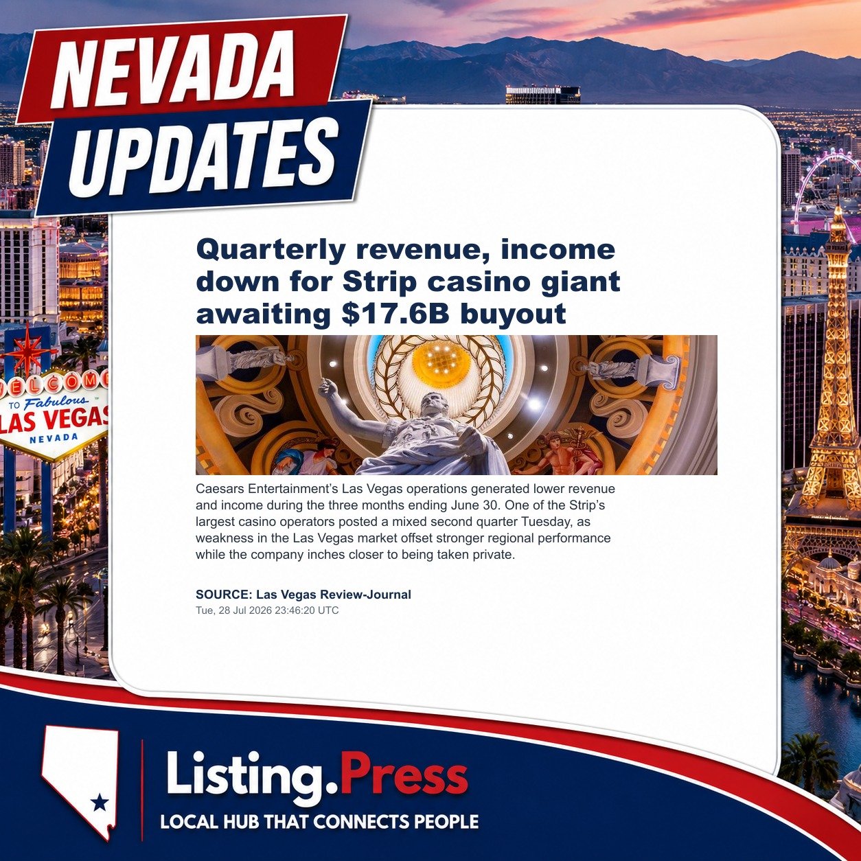 Quarterly revenue, income down for Strip casino giant awaiting $17.6B buyout