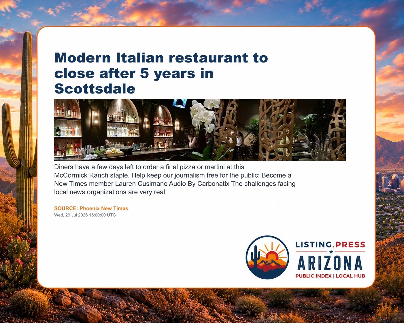 Modern Italian restaurant to close after 5 years in Scottsdale