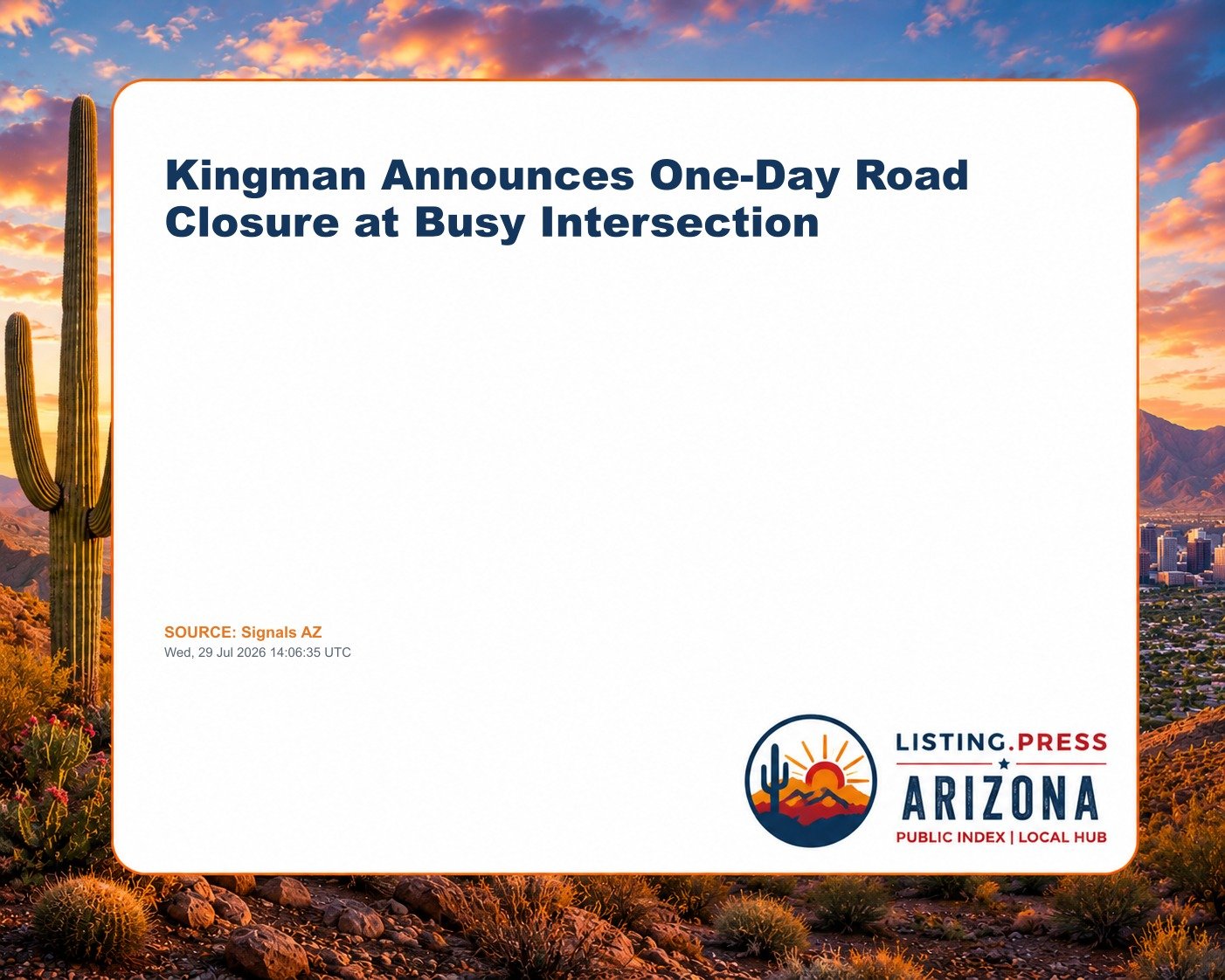 Kingman Announces One-Day Road Closure at Busy Intersection