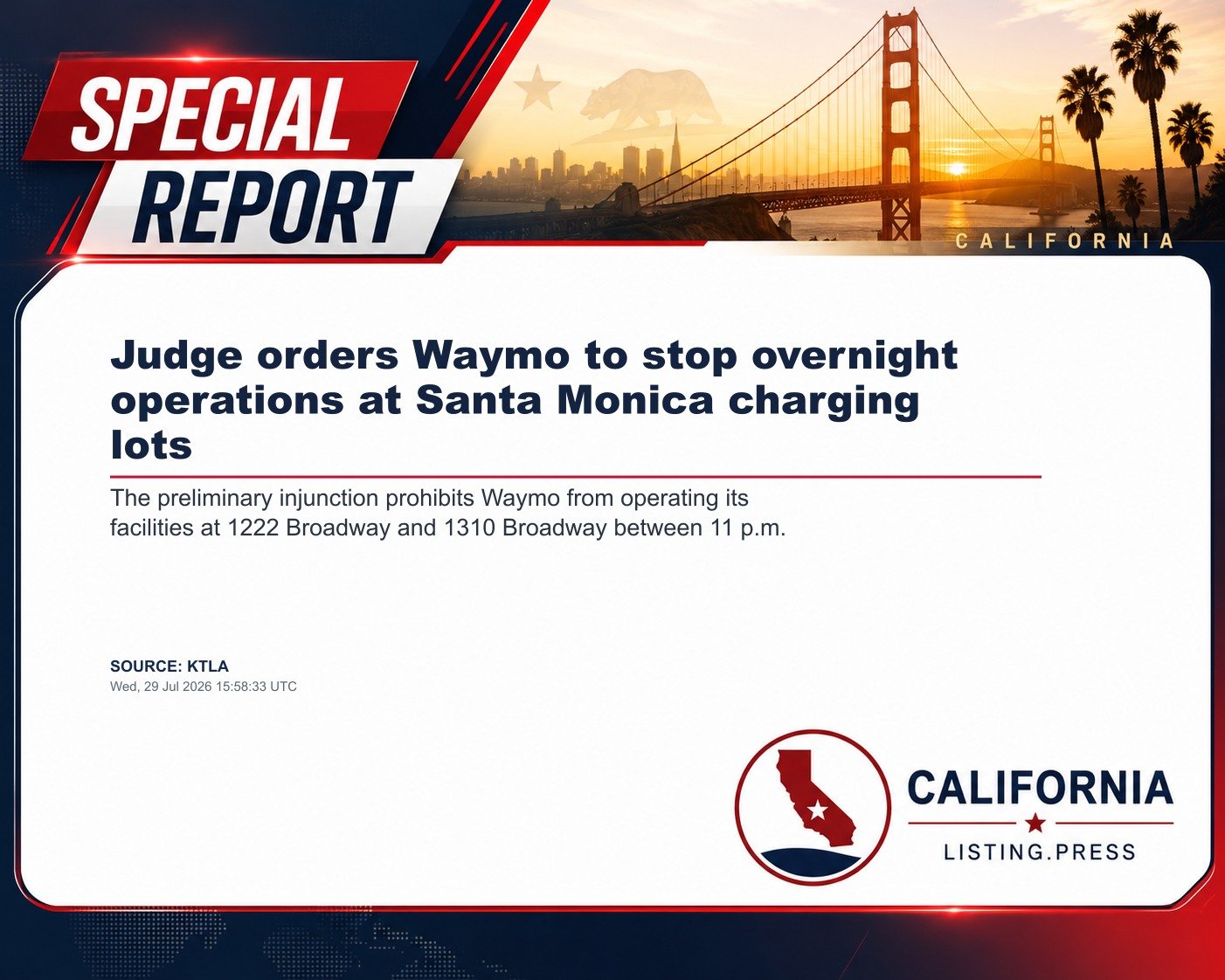 Judge orders Waymo to stop overnight operations at Santa Monica charging lots