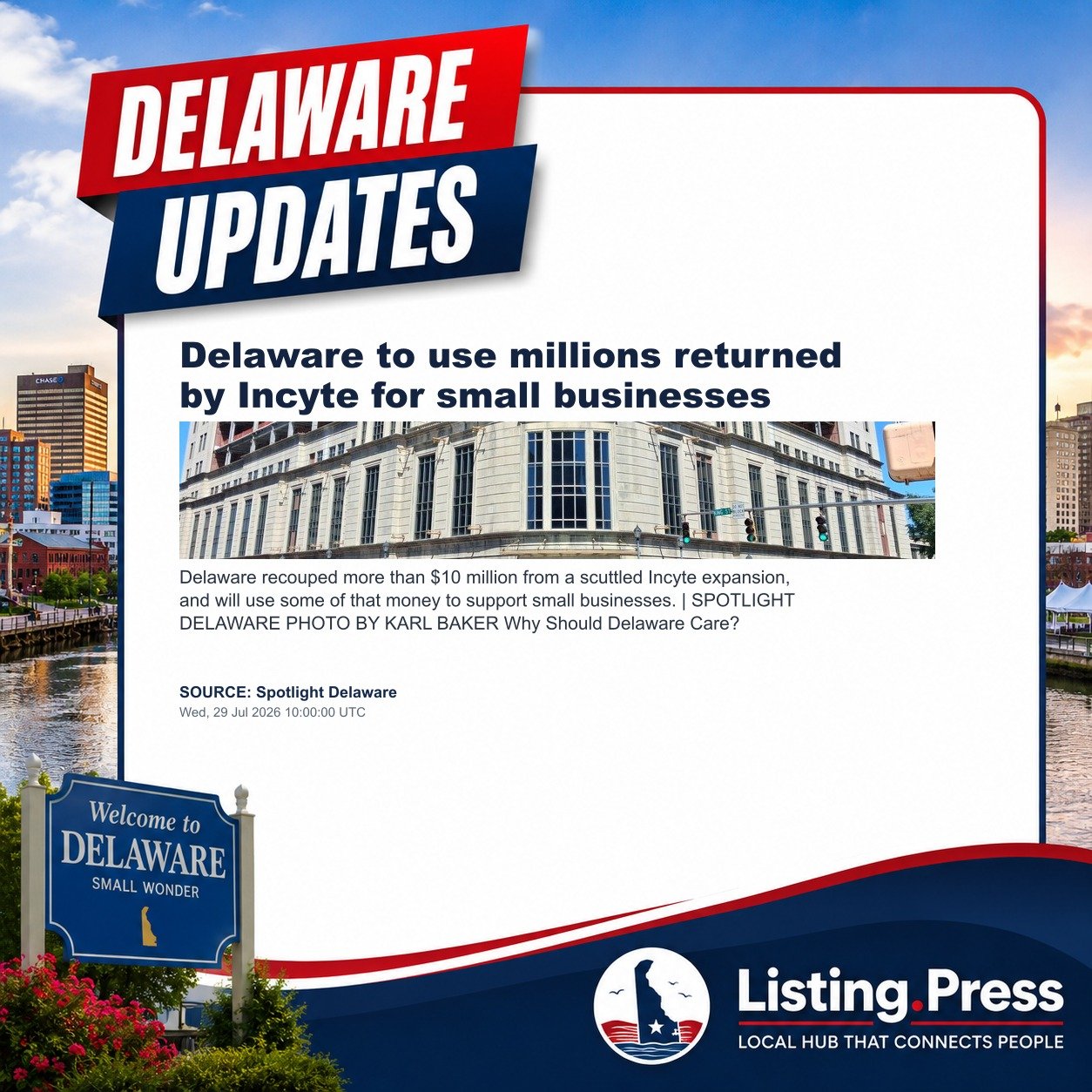 Delaware to use millions returned by Incyte for small businesses