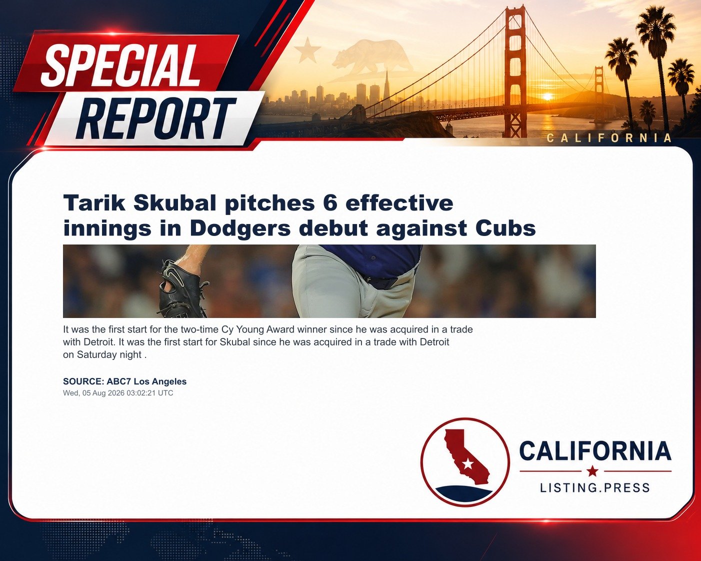 Tarik Skubal pitches 6 effective innings in Dodgers debut against Cubs