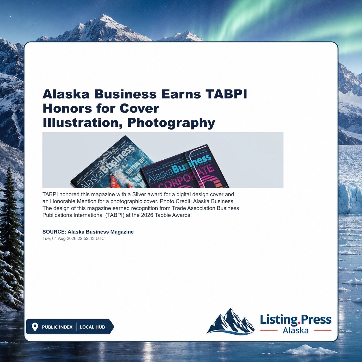 Alaska Business Earns TABPI Honors for Cover Illustration, Photography