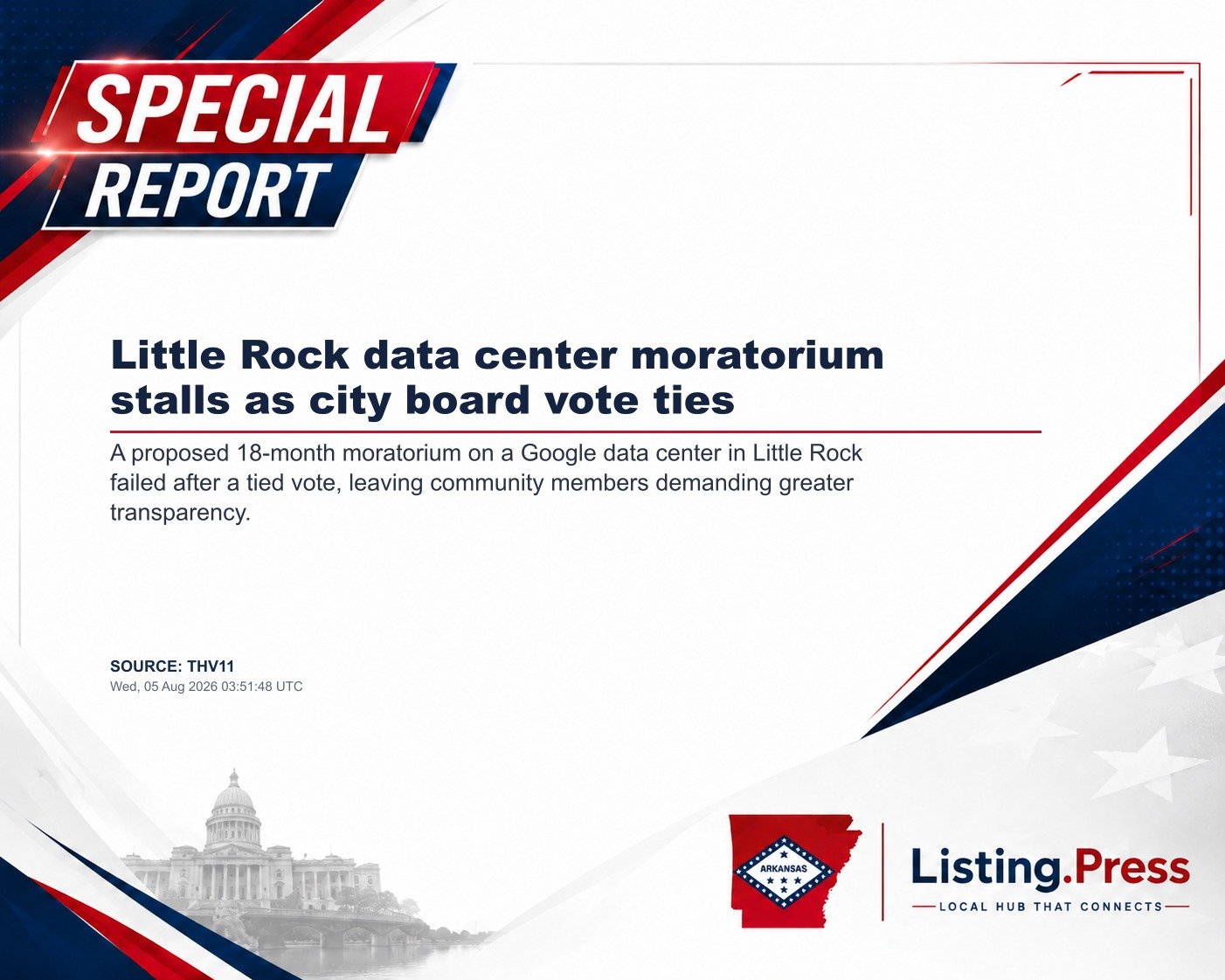 Little Rock data center moratorium stalls as city board vote ties