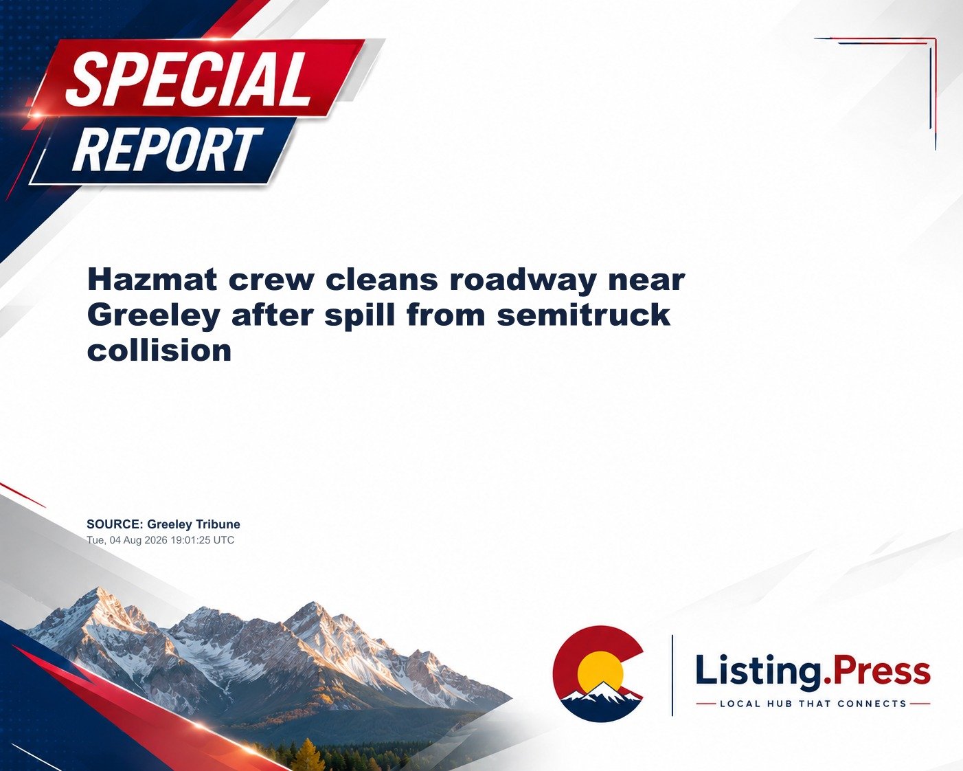 Hazmat crew cleans roadway near Greeley after spill from semitruck collision