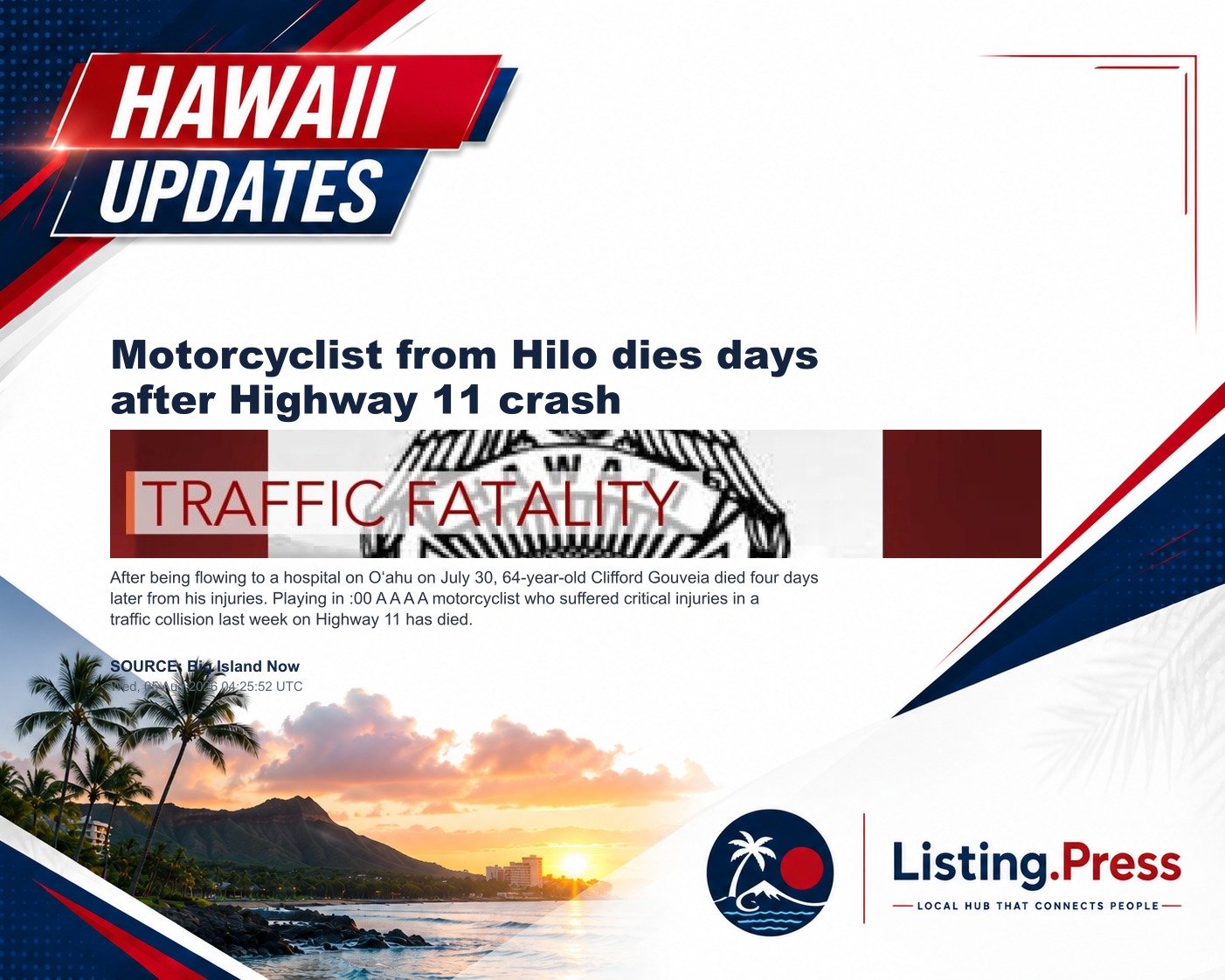 Motorcyclist from Hilo dies days after Highway 11 crash