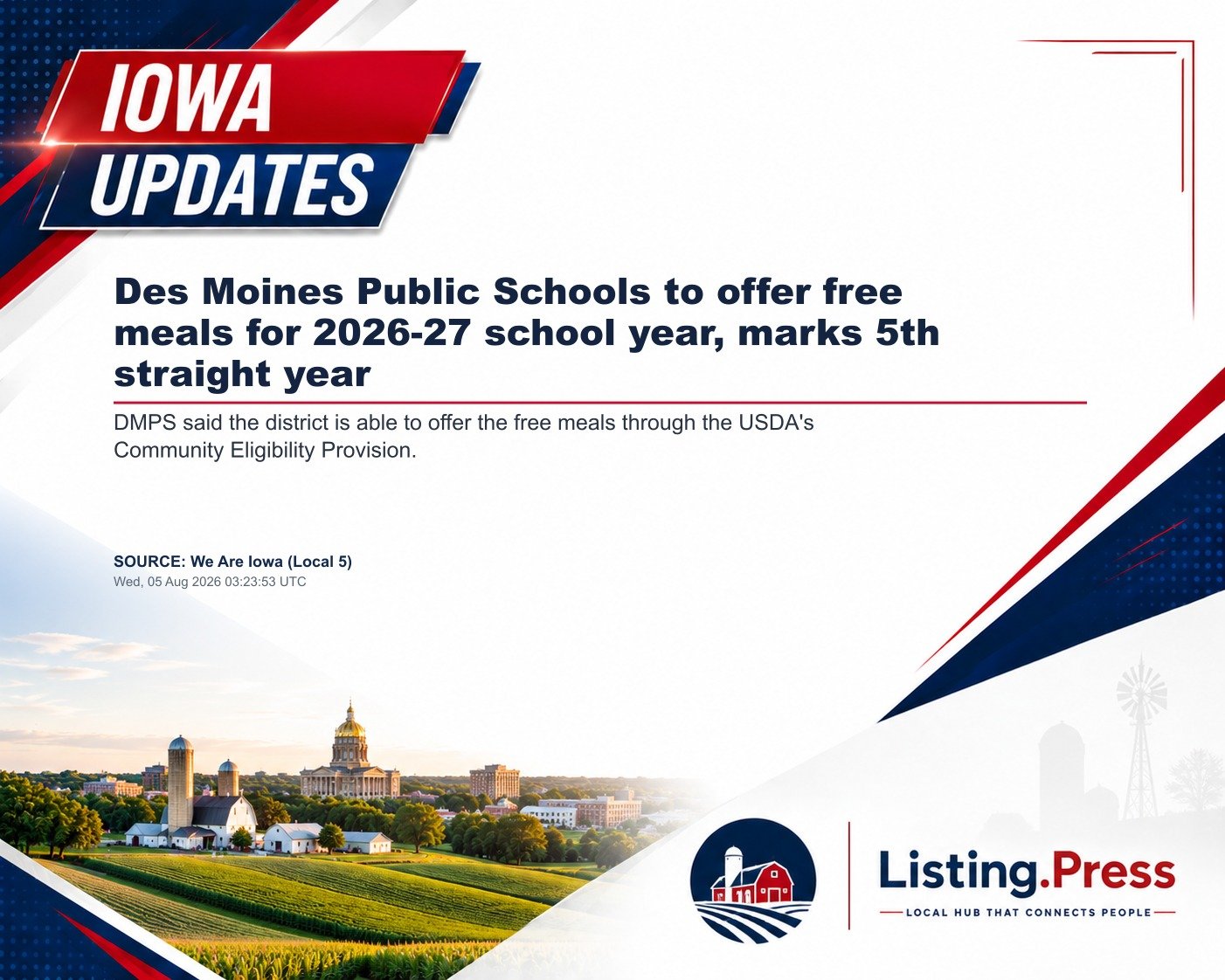 Des Moines Public Schools to offer free meals for 2026-27 school year, marks 5th straight year