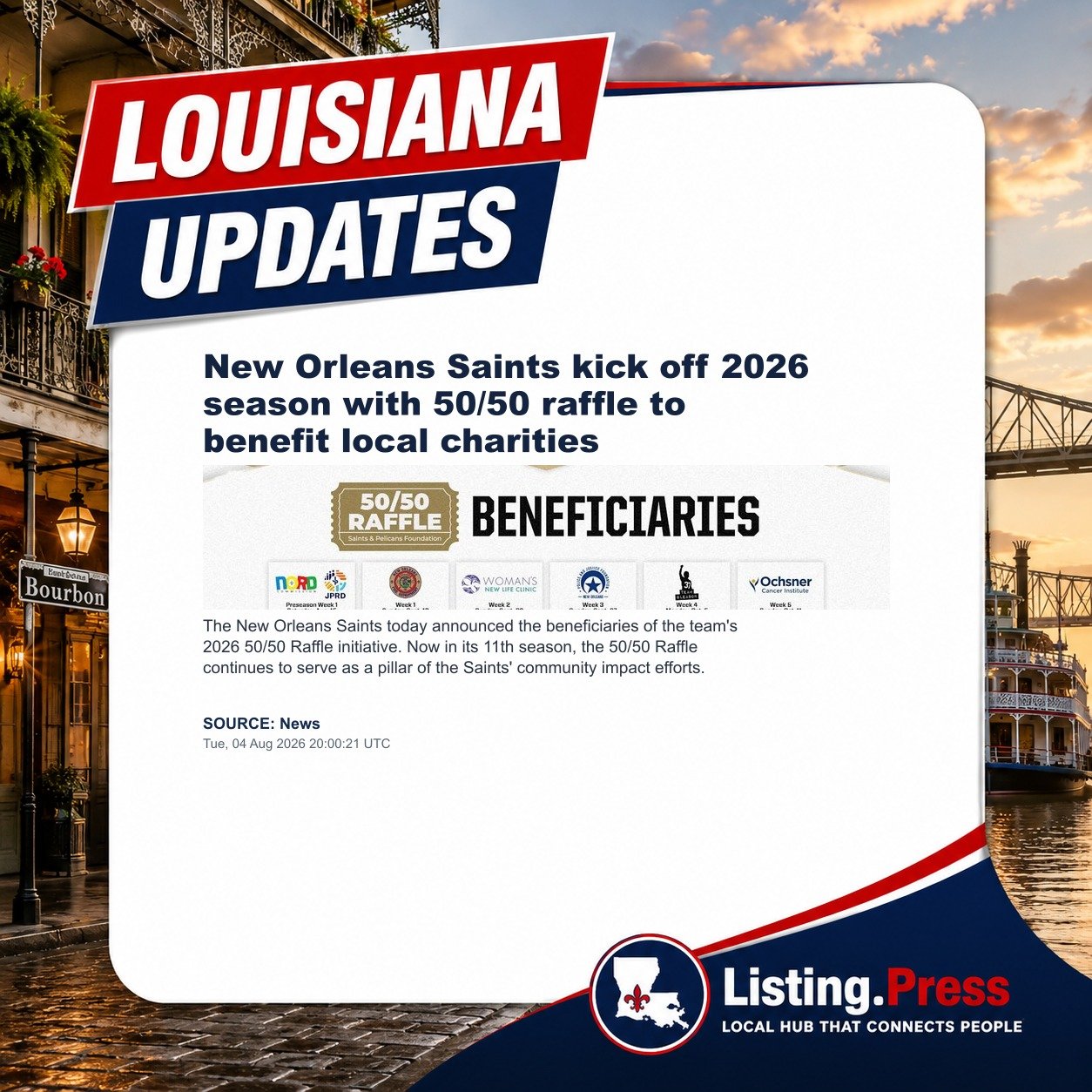 New Orleans Saints kick off 2026 season with 50/50 raffle to benefit local charities