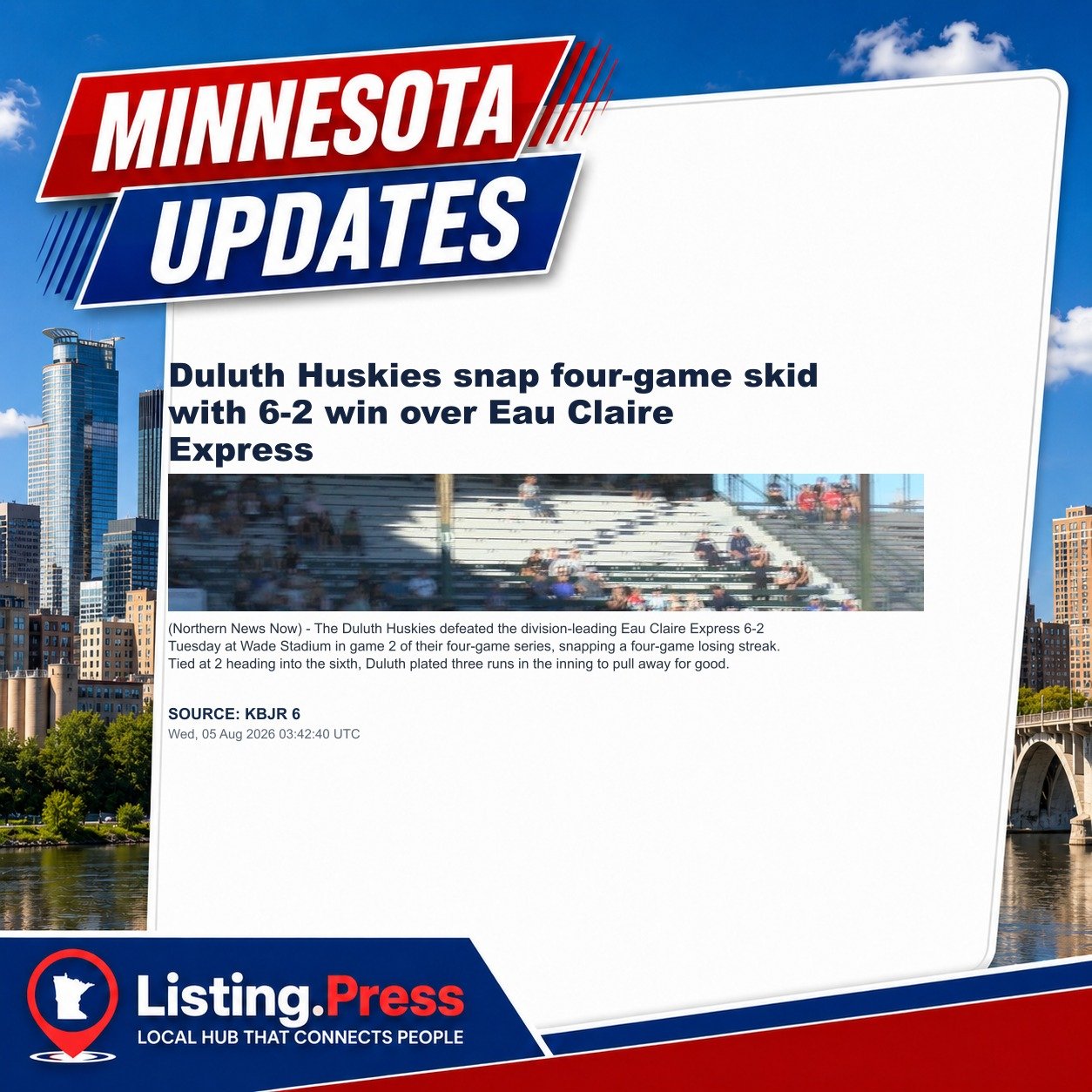 Duluth Huskies snap four-game skid with 6-2 win over Eau Claire Express
