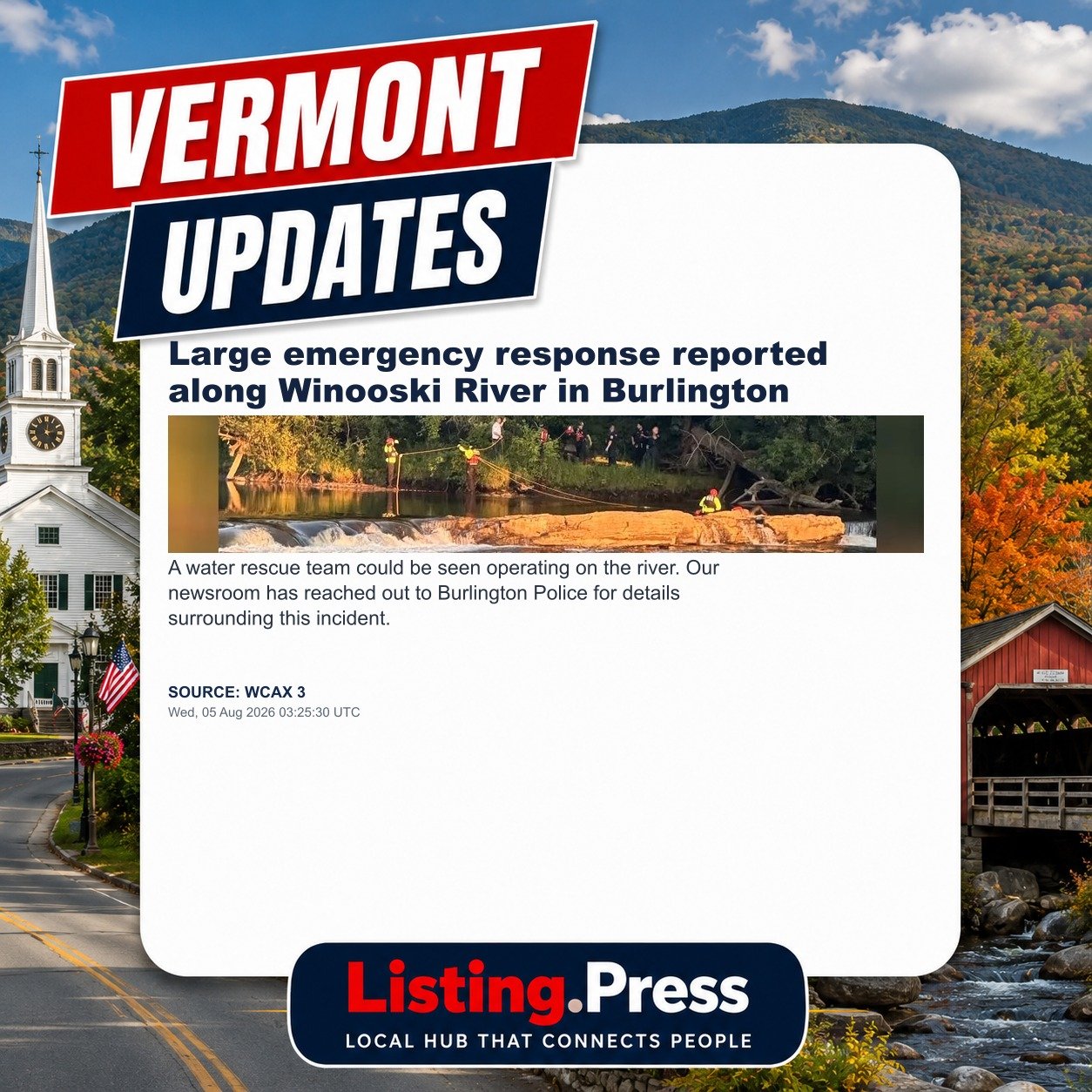 Large emergency response reported along Winooski River in Burlington