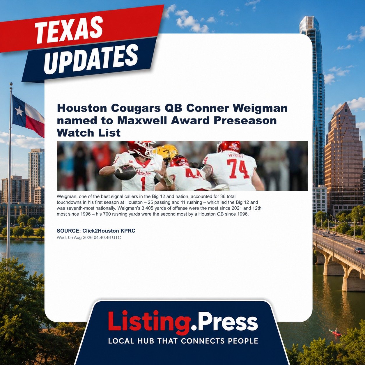 Houston Cougars QB Conner Weigman named to Maxwell Award Preseason Watch List