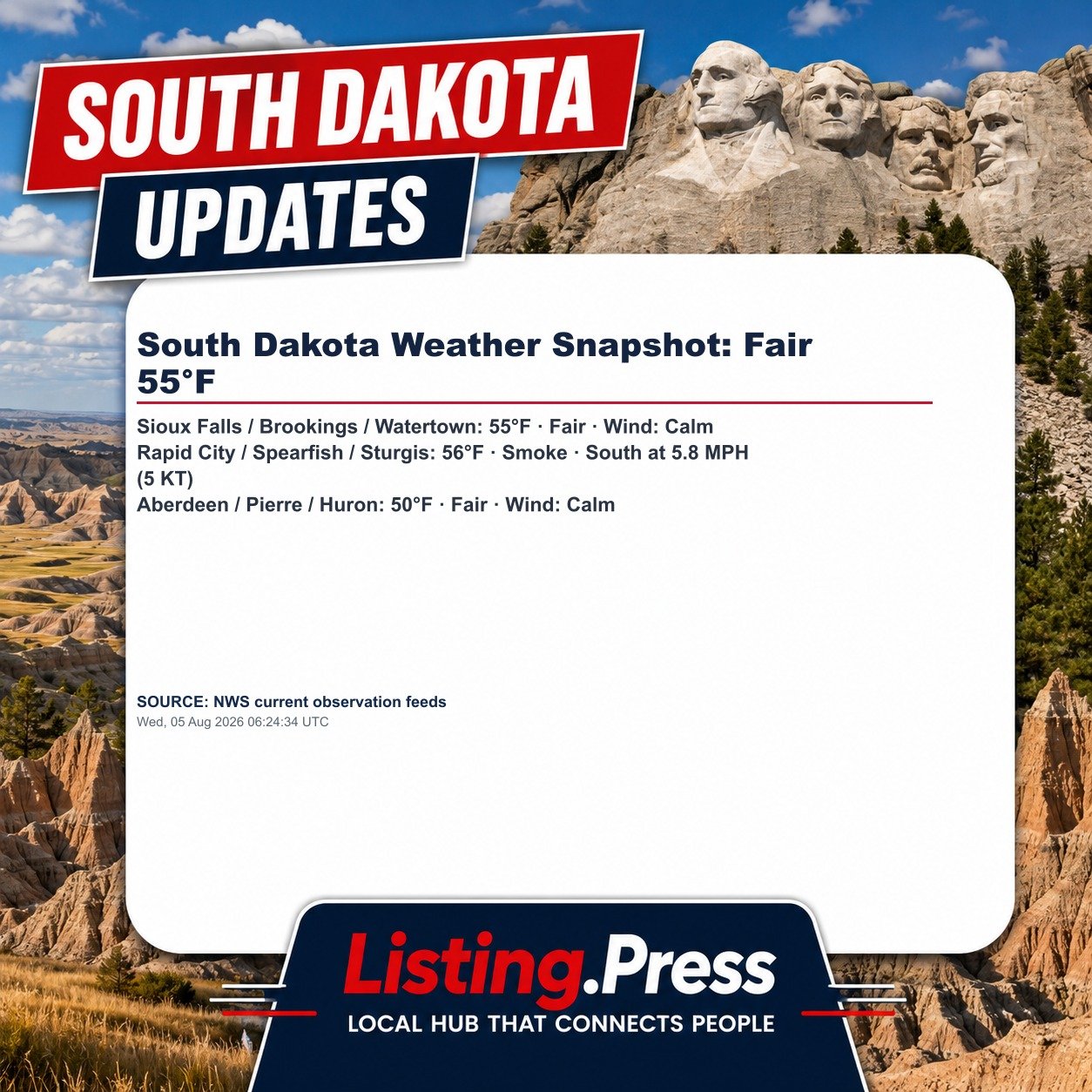 South Dakota Weather Snapshot: Fair 55°F