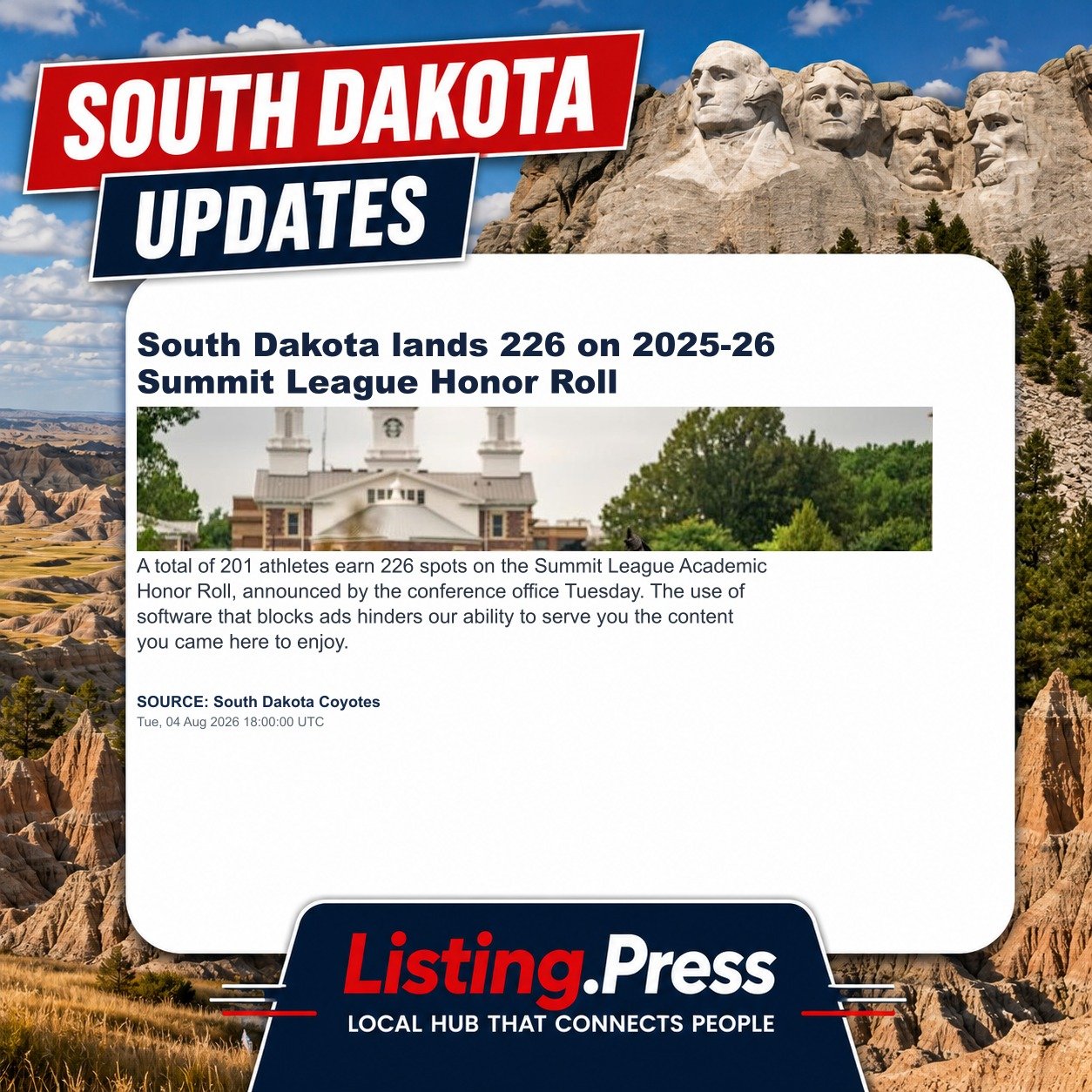 South Dakota lands 226 on 2025-26 Summit League Honor Roll