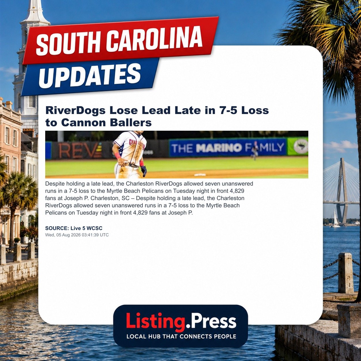 RiverDogs Lose Lead Late in 7-5 Loss to Cannon Ballers