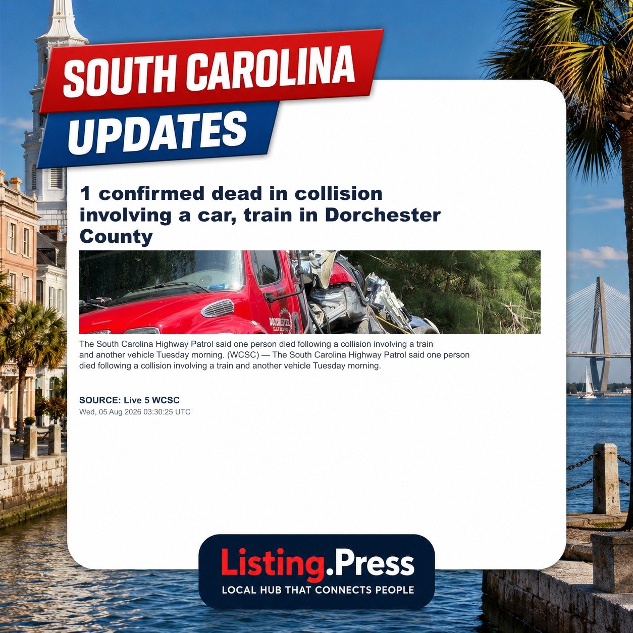1 confirmed dead in collision involving a car, train in Dorchester County