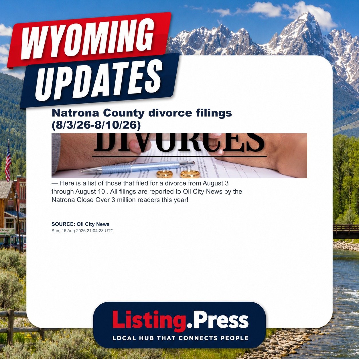Natrona County divorce filings (8/3/26-8/10/26)