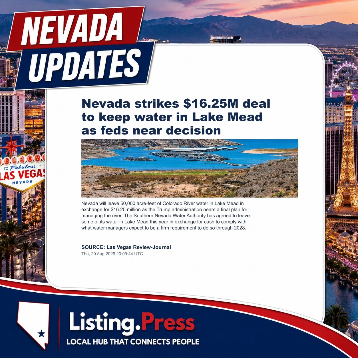 Nevada strikes $16.25M deal to keep water in Lake Mead as feds near decision