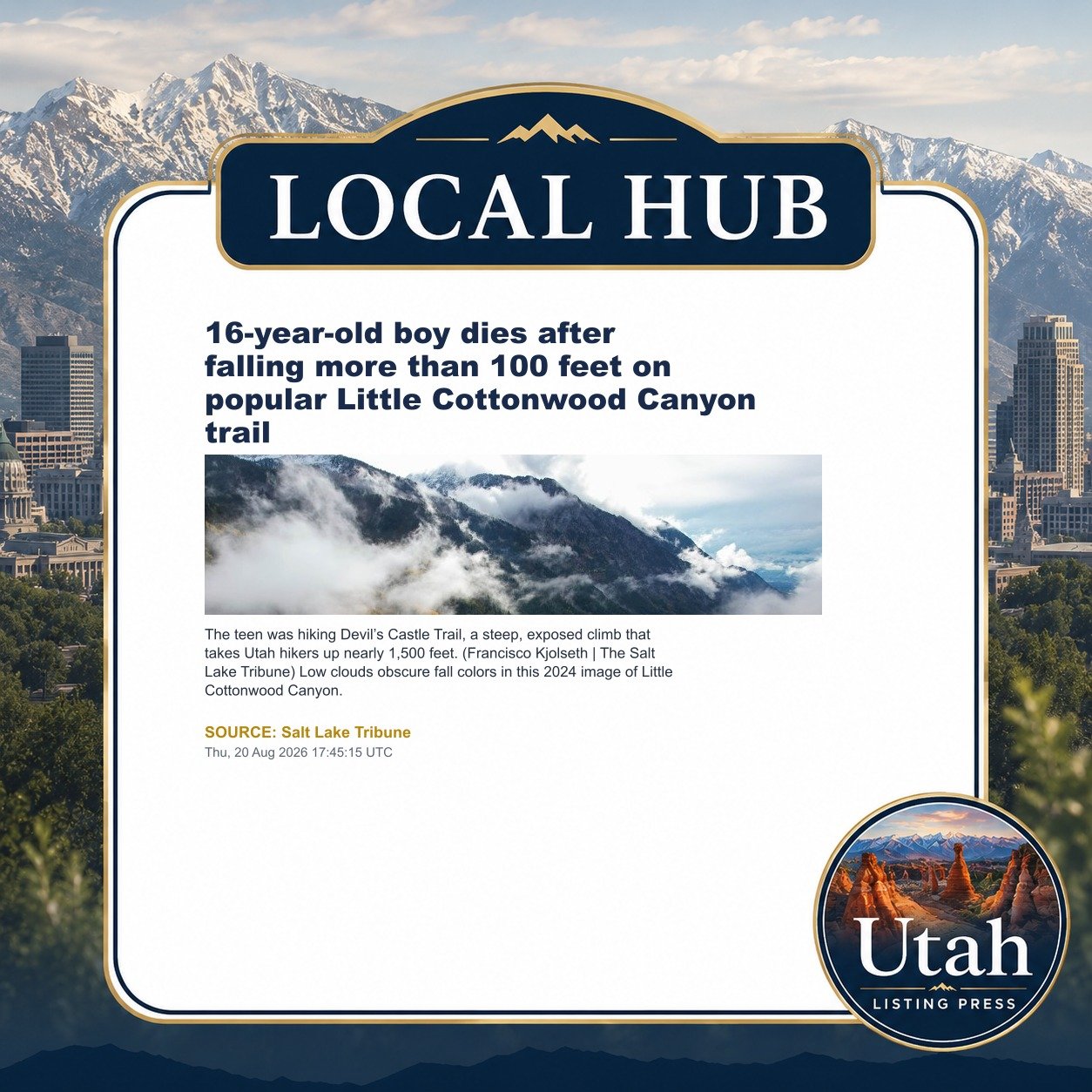 16-year-old boy dies after falling more than 100 feet on popular Little Cottonwood Canyon trail