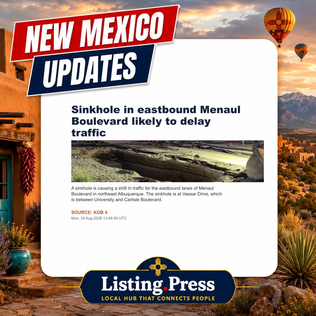 Sinkhole in eastbound Menaul Boulevard likely to delay traffic