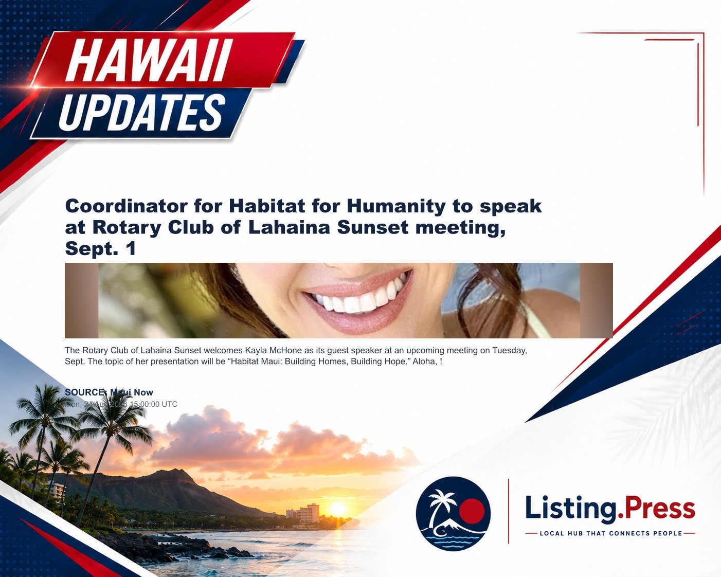 Coordinator for Habitat for Humanity to speak at Rotary Club of Lahaina Sunset meeting, Sept. 1