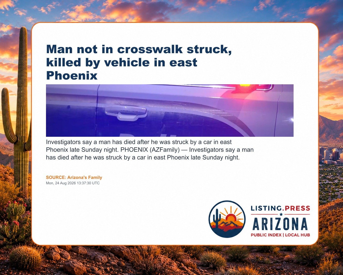 Man not in crosswalk struck, killed by vehicle in east Phoenix