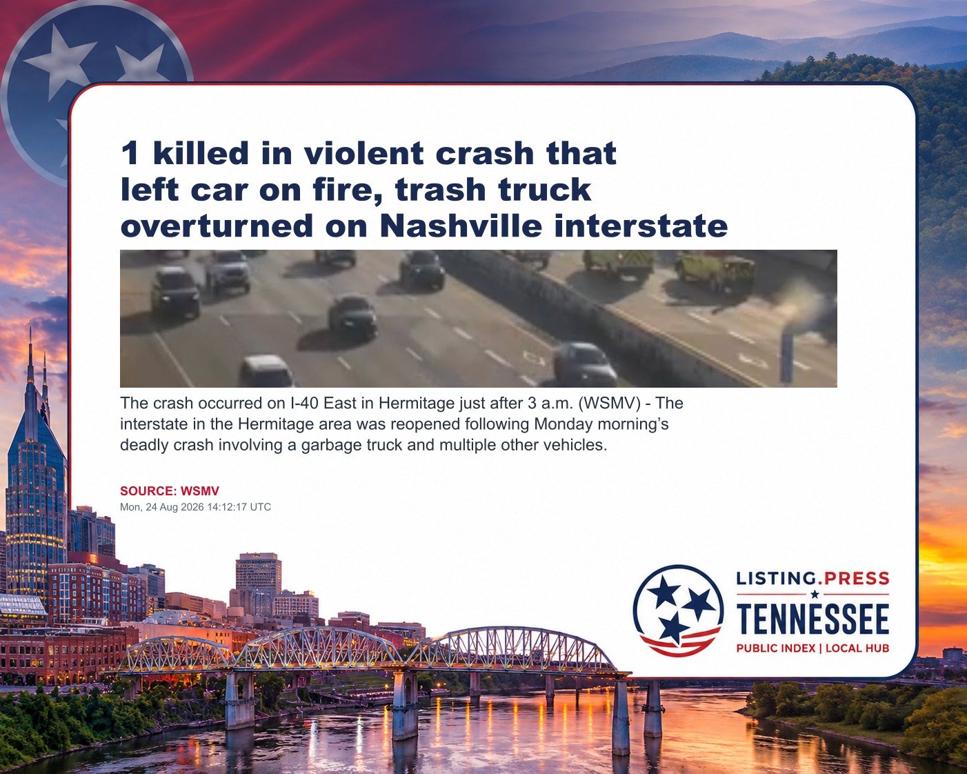1 killed in violent crash that left car on fire, trash truck overturned on Nashville interstate