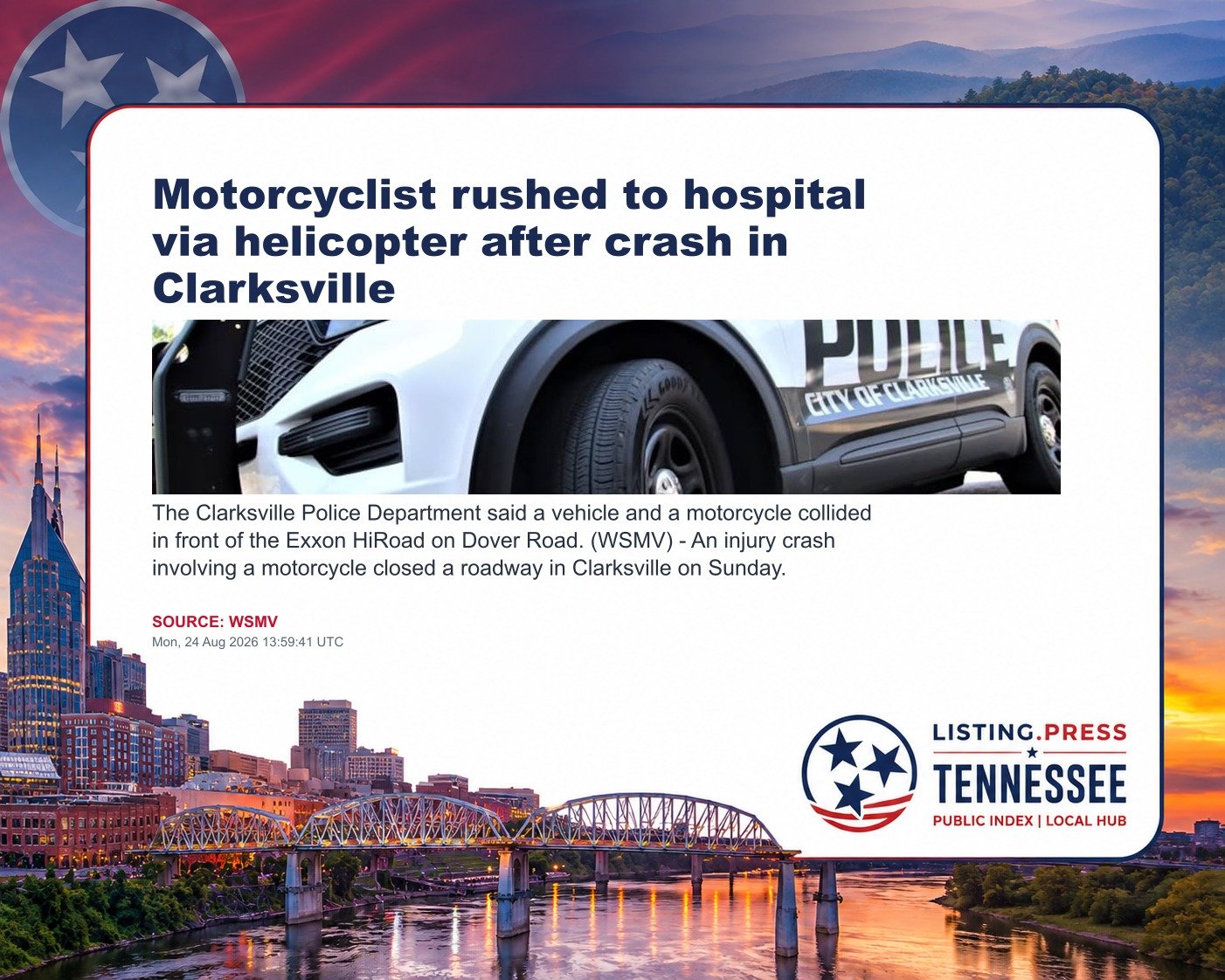 Motorcyclist rushed to hospital via helicopter after crash in Clarksville