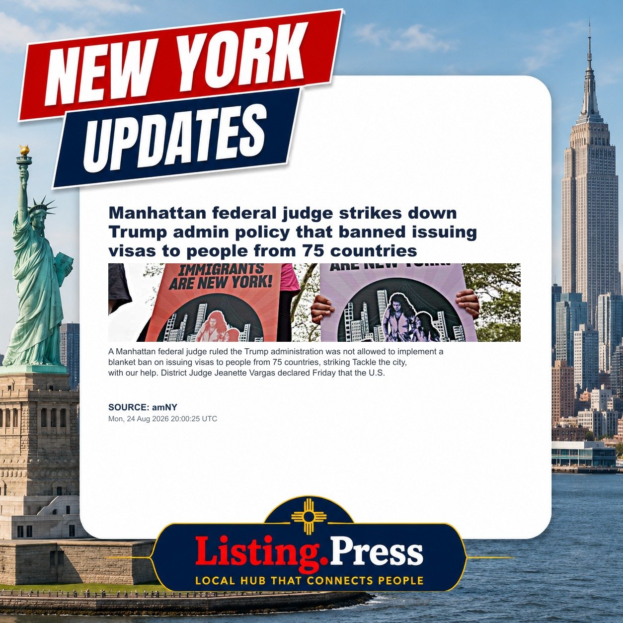 Manhattan federal judge strikes down Trump admin policy that banned issuing visas to people from 75 countries