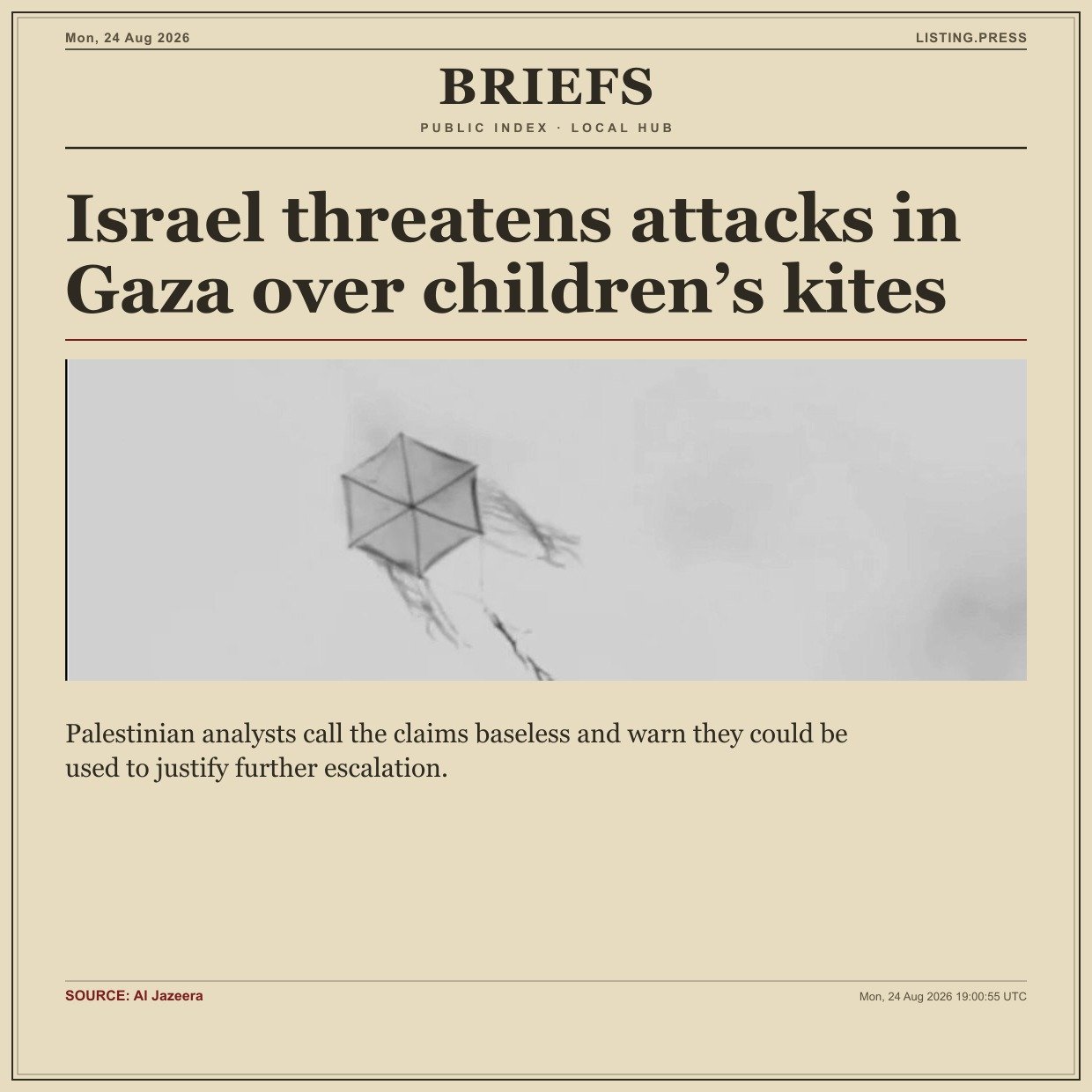 Israel threatens attacks in Gaza over children’s kites
