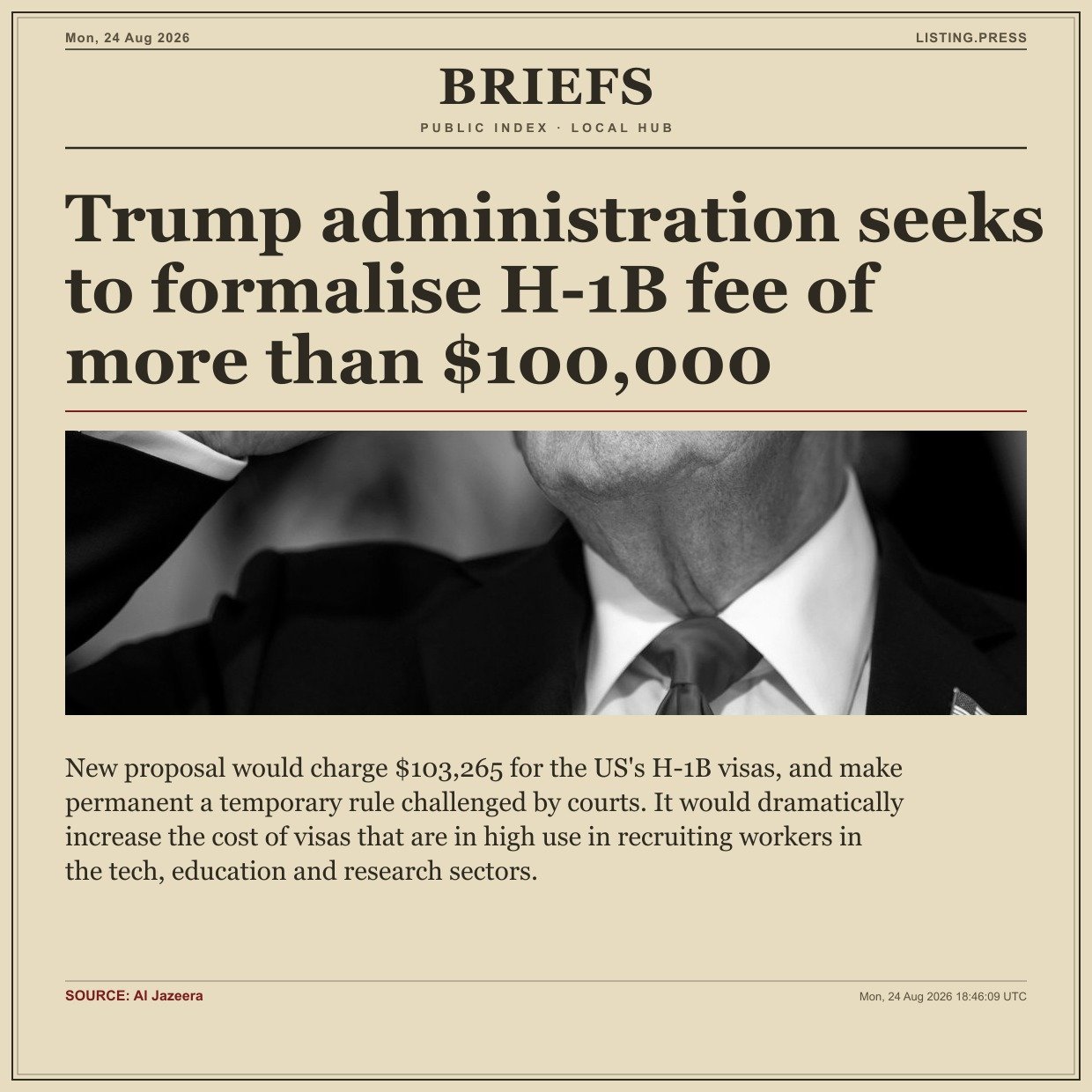 Trump administration seeks to formalise H-1B fee of more than $100,000