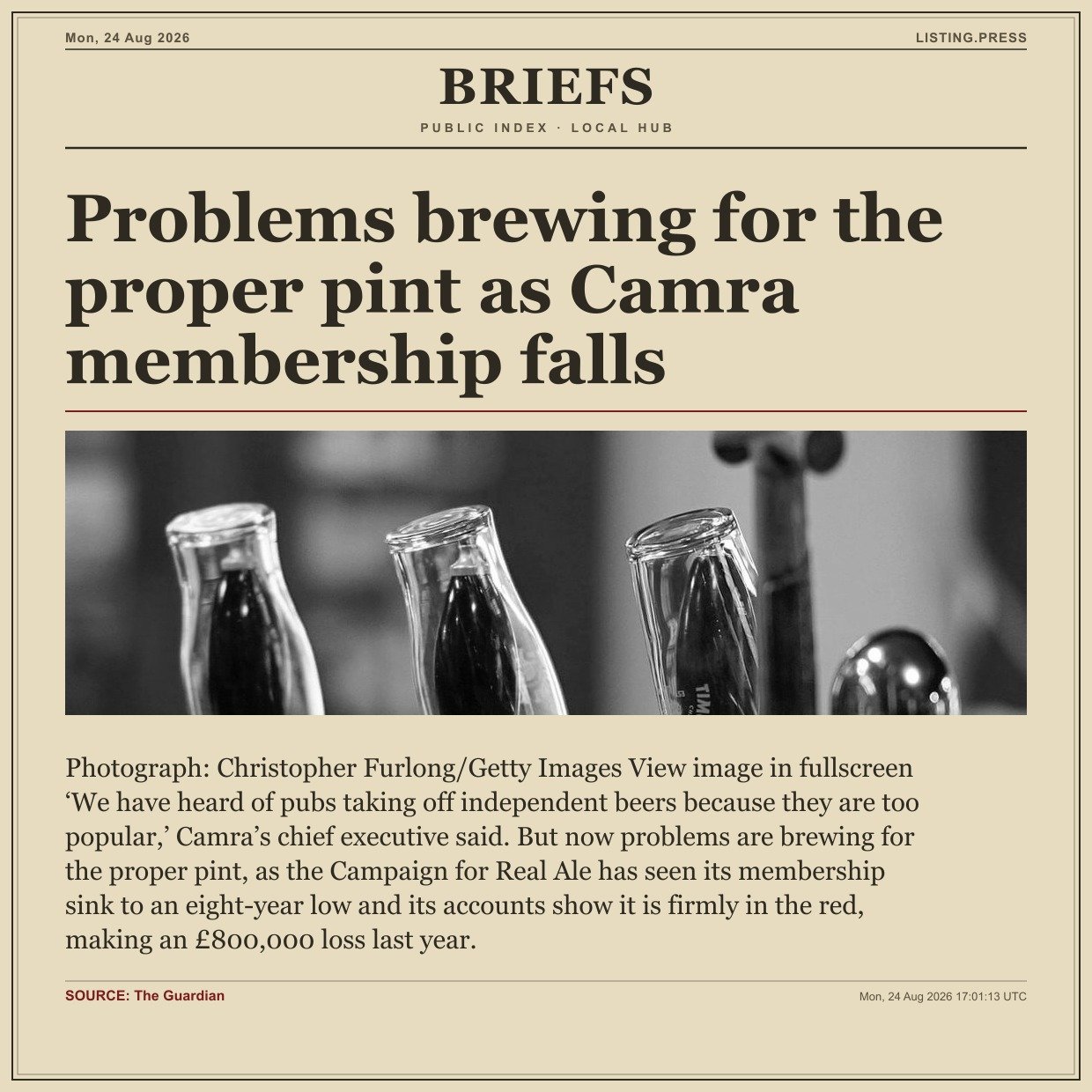 Problems brewing for the proper pint as Camra membership falls