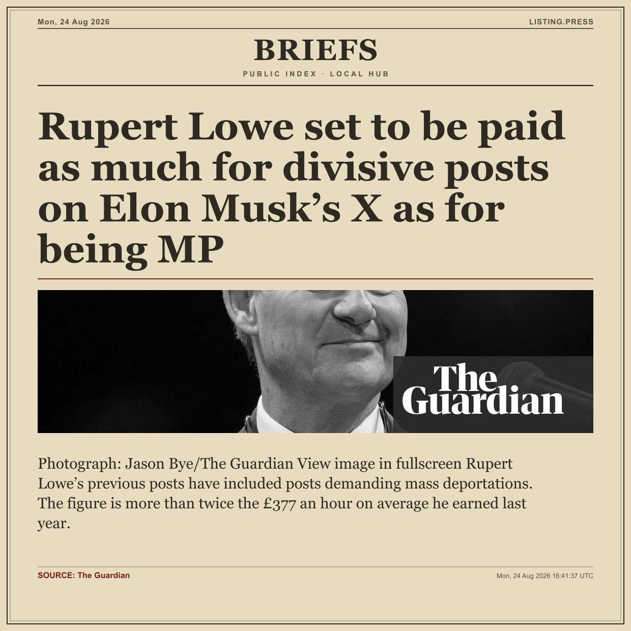 Rupert Lowe set to be paid as much for divisive posts on Elon Musk’s X as for being MP