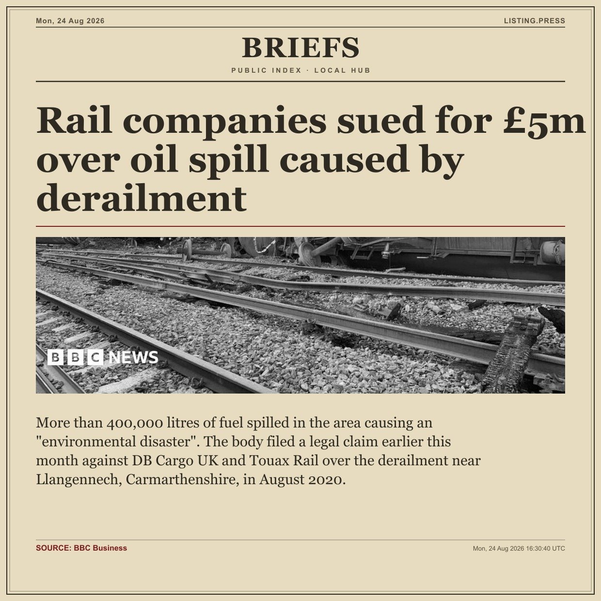 Rail companies sued for £5m over oil spill caused by derailment