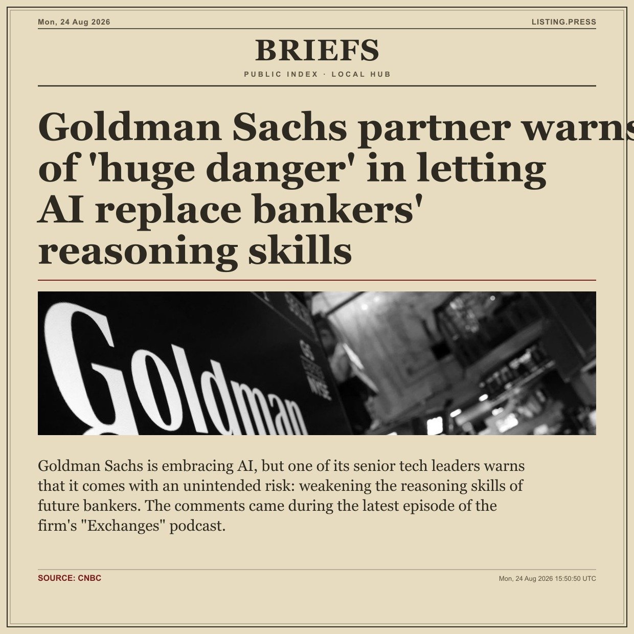 Goldman Sachs partner warns of 'huge danger' in letting AI replace bankers' reasoning skills