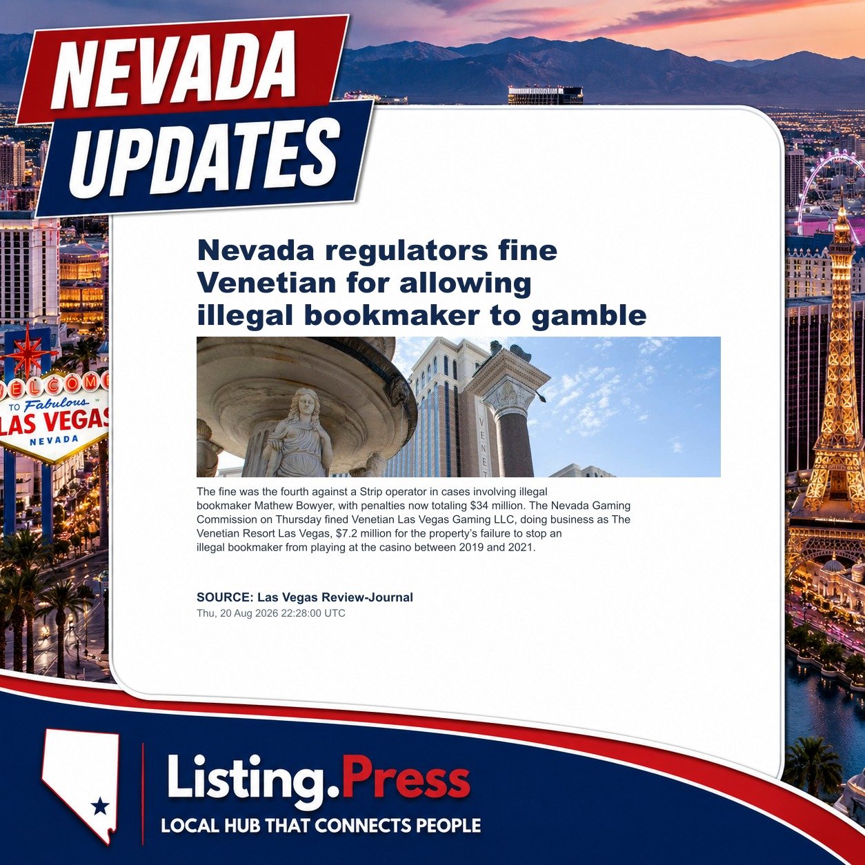 Nevada regulators fine Venetian for allowing illegal bookmaker to gamble