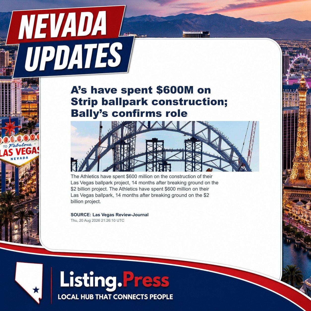 A’s have spent $600M on Strip ballpark construction; Bally’s confirms role