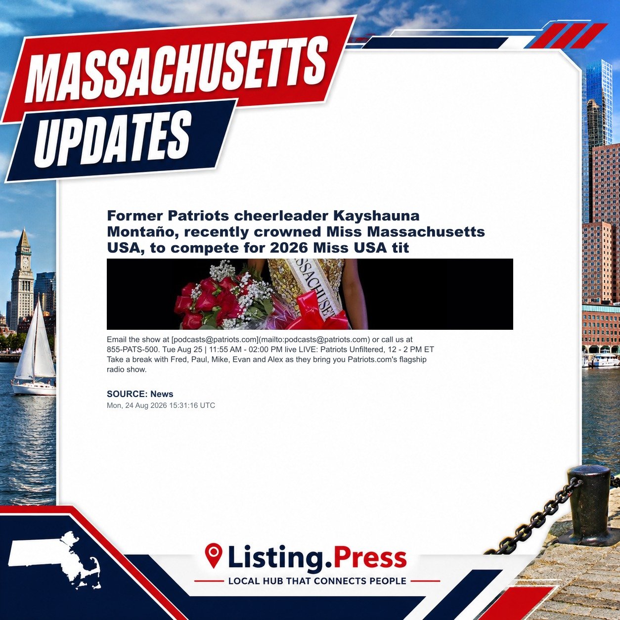Former Patriots cheerleader Kayshauna Montaño, recently crowned Miss Massachusetts USA, to compete for 2026 Miss USA tit