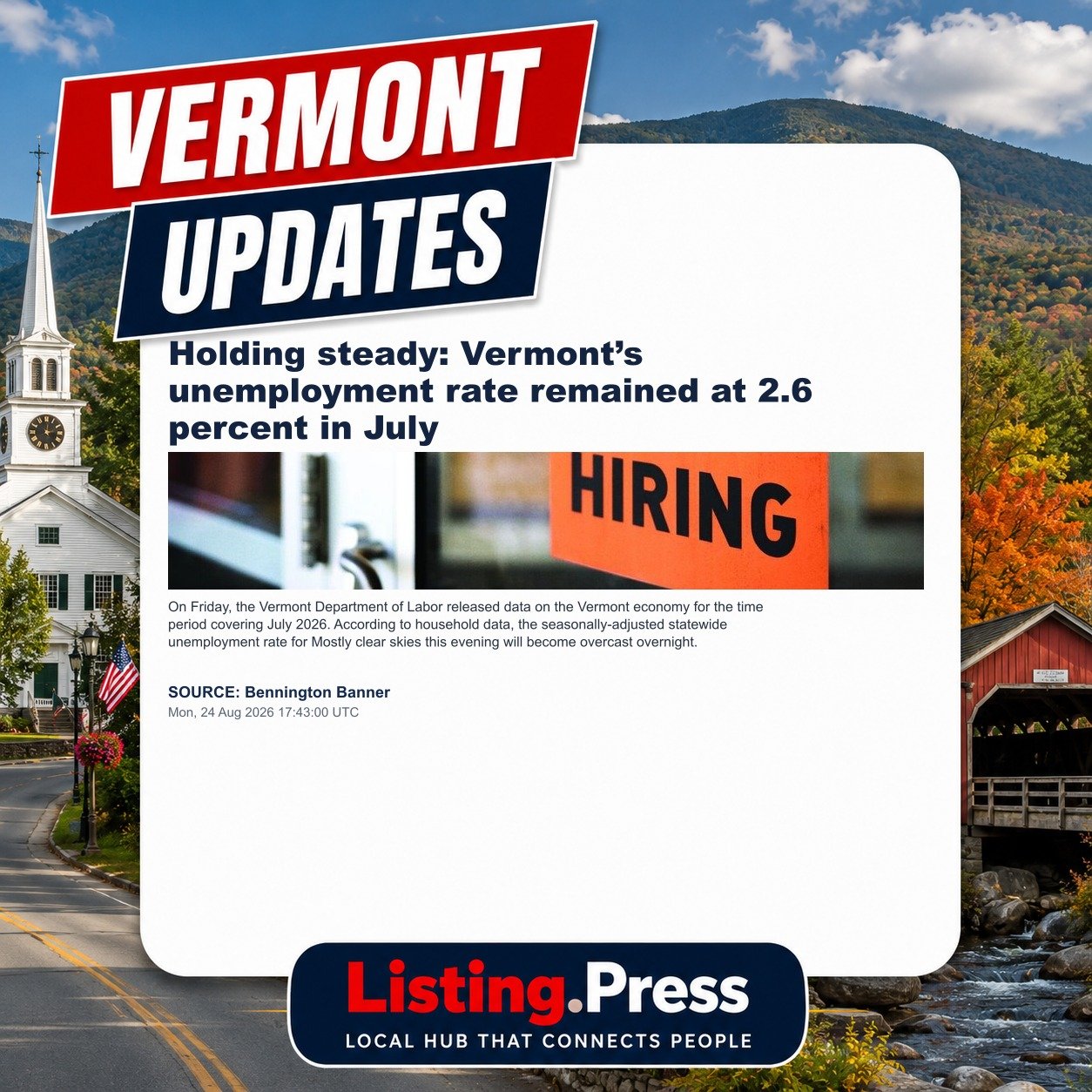 Holding steady: Vermont’s unemployment rate remained at 2.6 percent in July