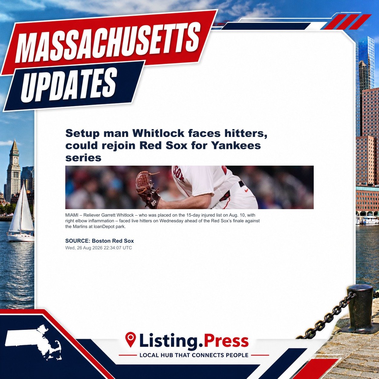 Setup man Whitlock faces hitters, could rejoin Red Sox for Yankees series