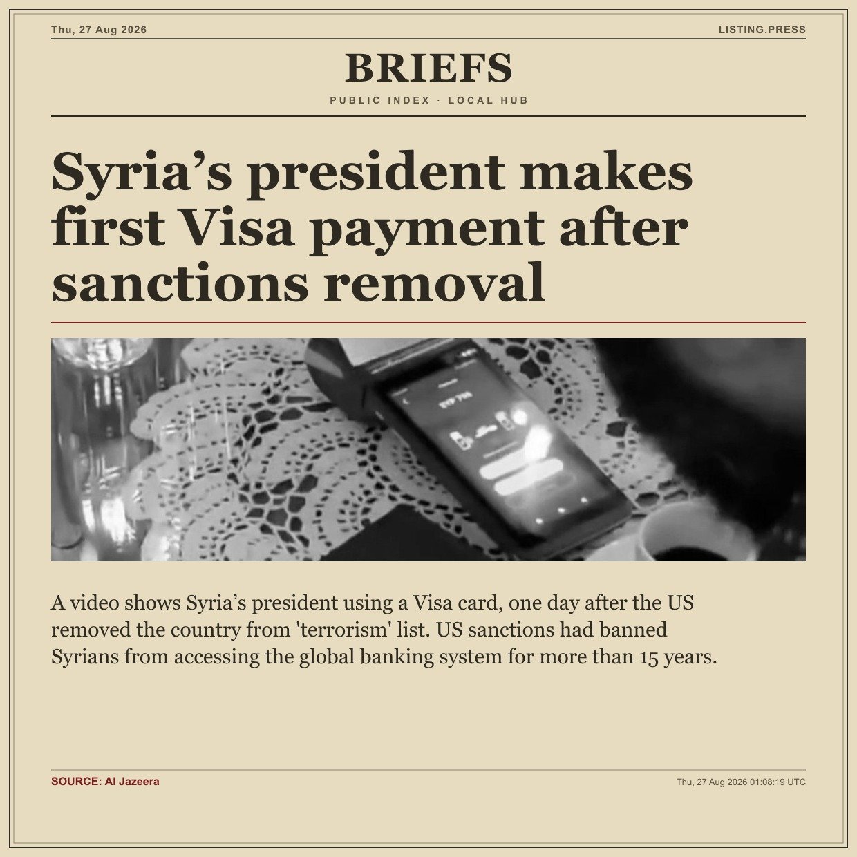 Syria’s president makes first Visa payment after sanctions removal