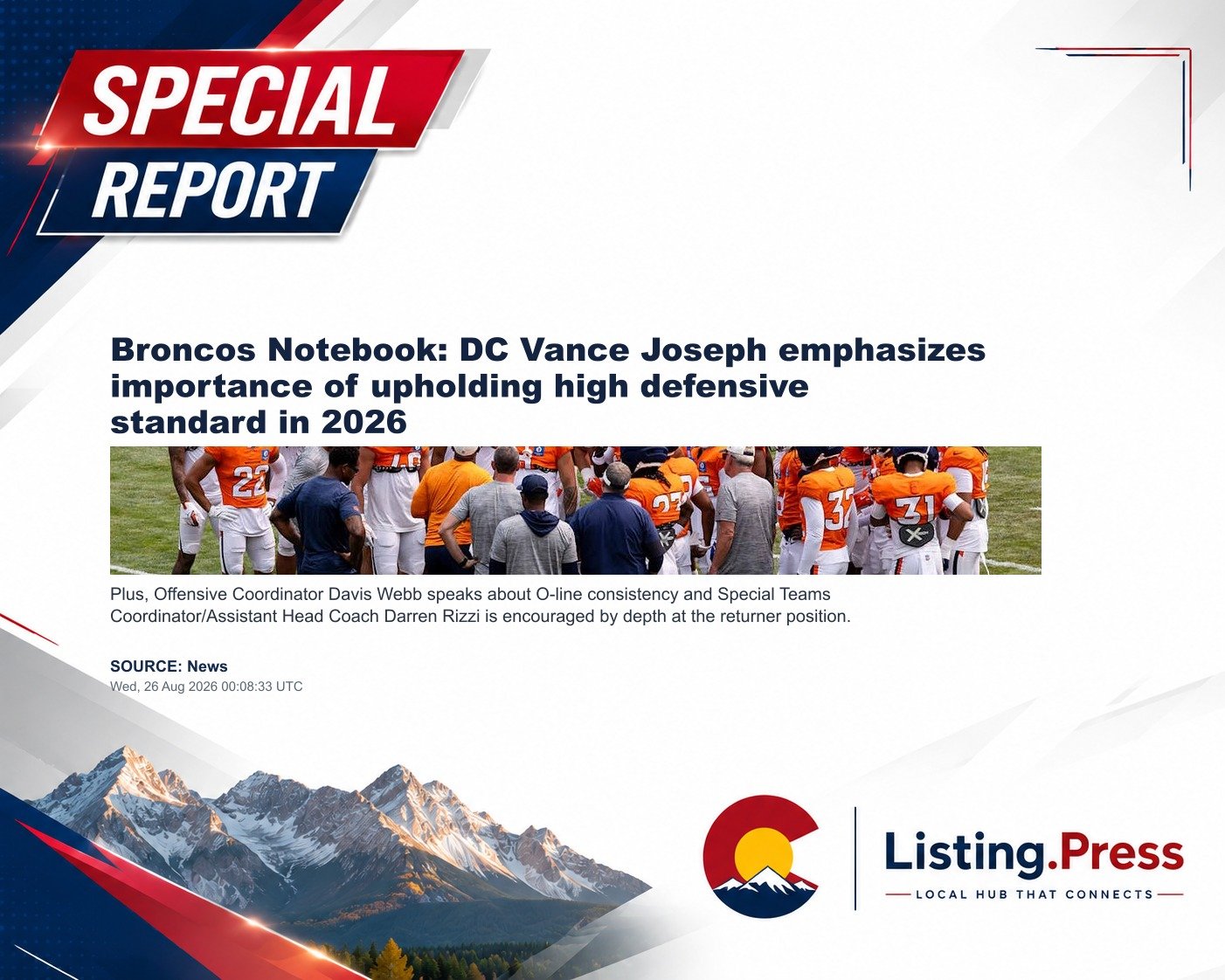 Broncos Notebook: DC Vance Joseph emphasizes importance of upholding high defensive standard in 2026