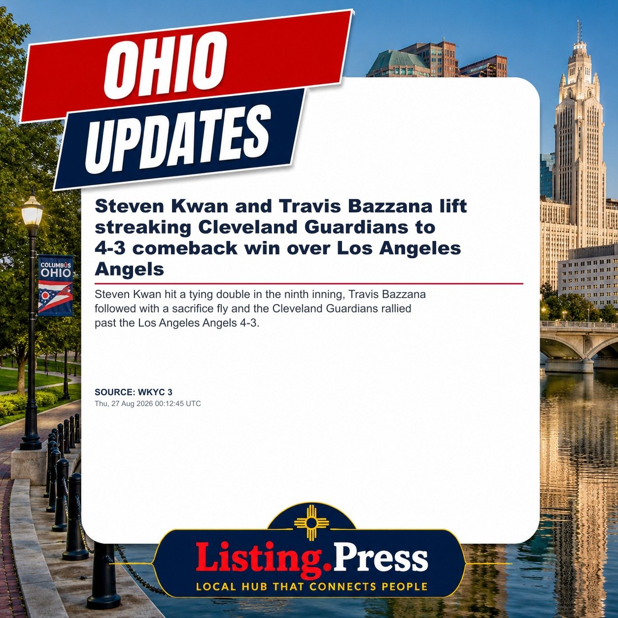 Steven Kwan and Travis Bazzana lift streaking Cleveland Guardians to 4-3 comeback win over Los Angeles Angels