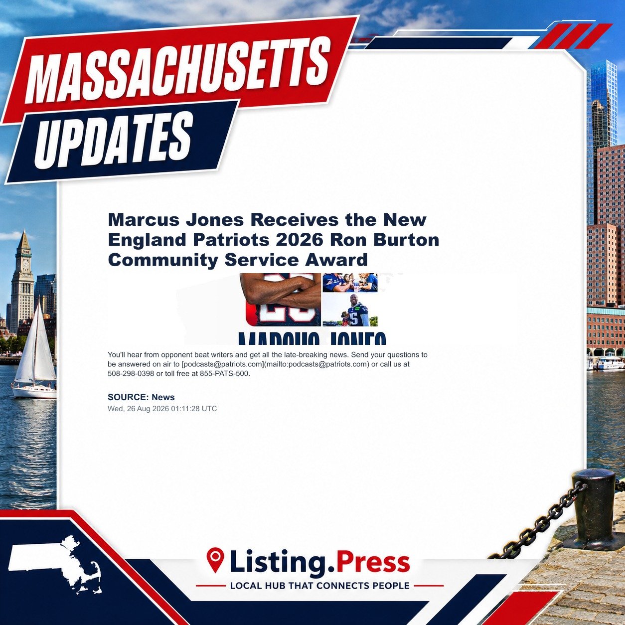 Marcus Jones Receives the New England Patriots 2026 Ron Burton Community Service Award