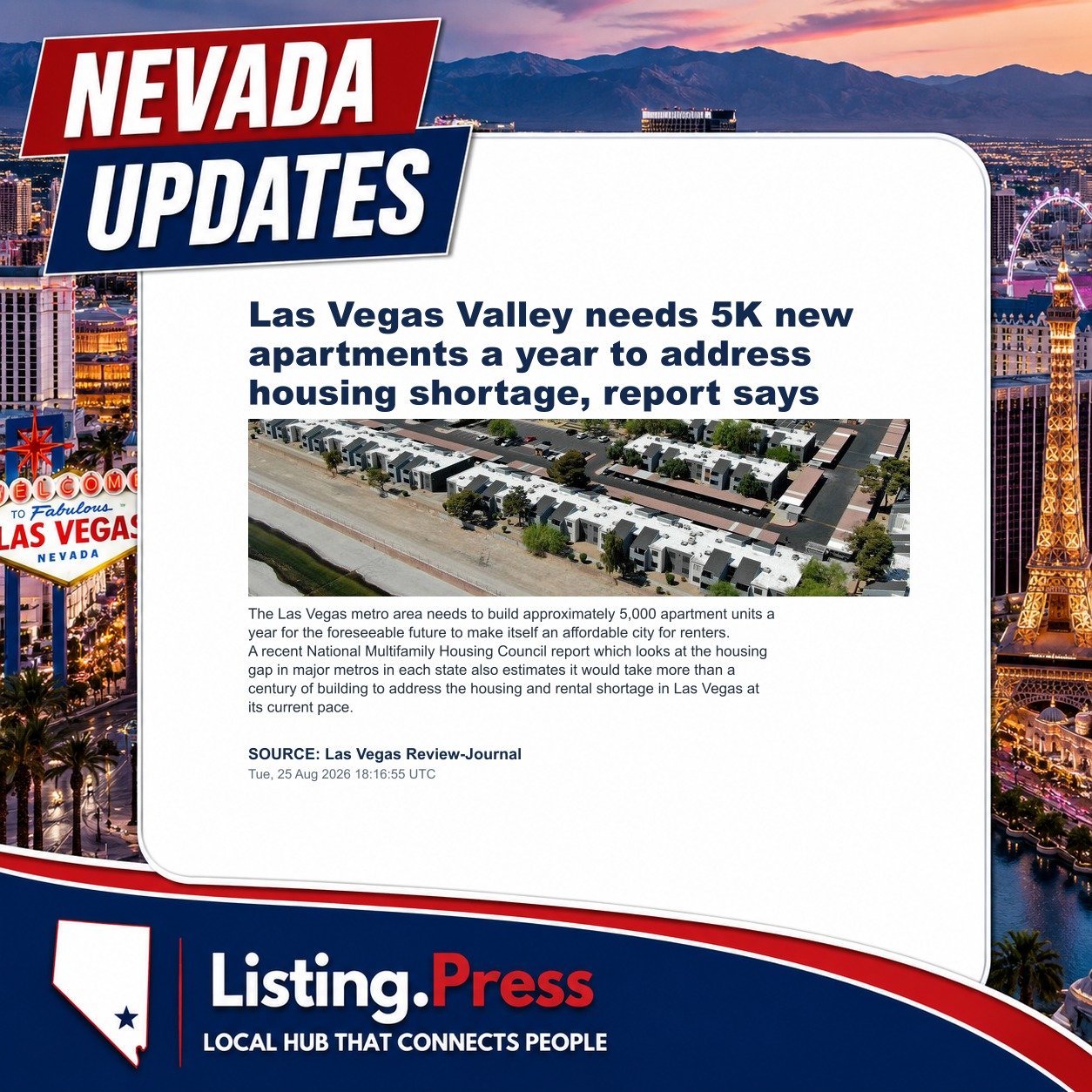 Las Vegas Valley needs 5K new apartments a year to address housing shortage, report says