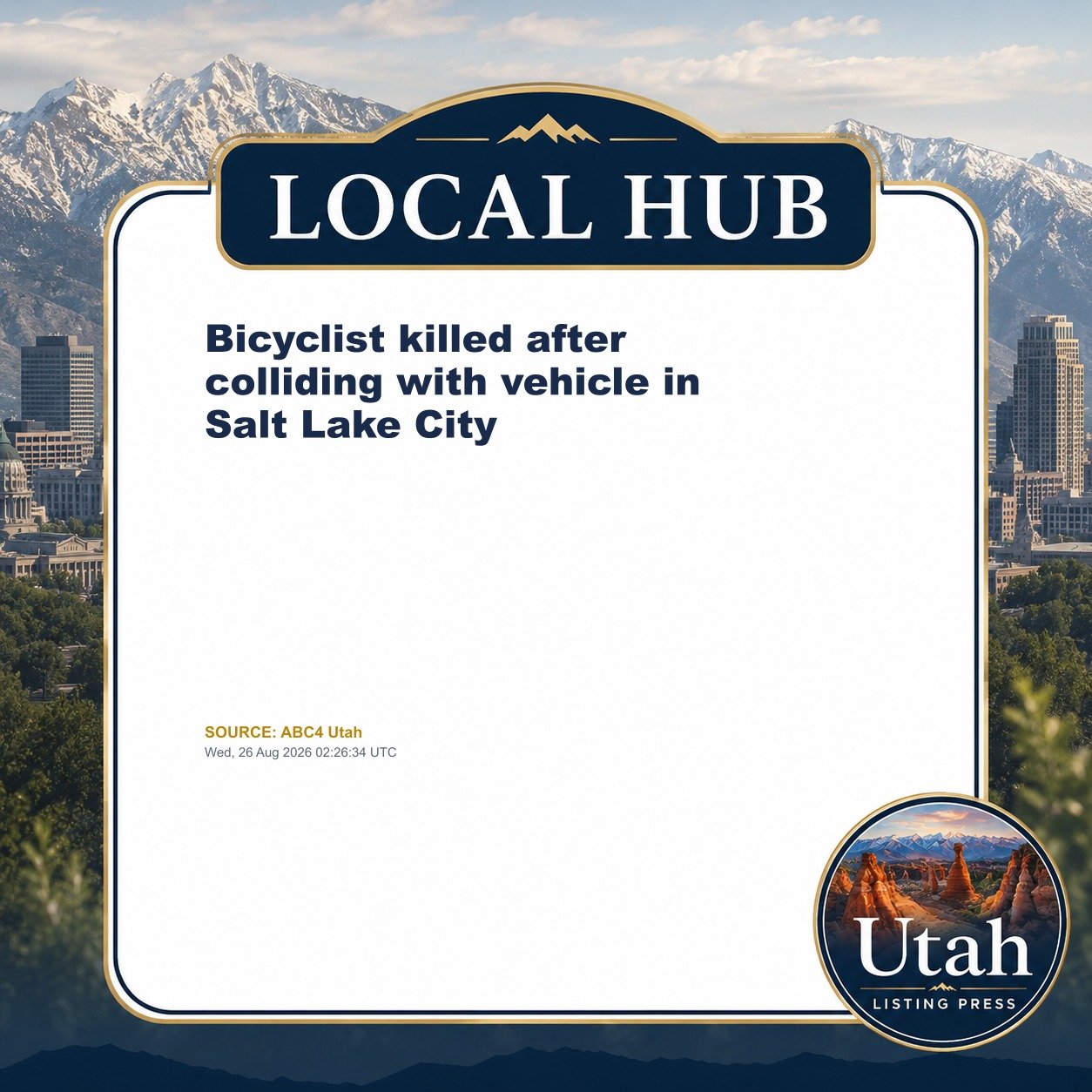Bicyclist killed after colliding with vehicle in Salt Lake City