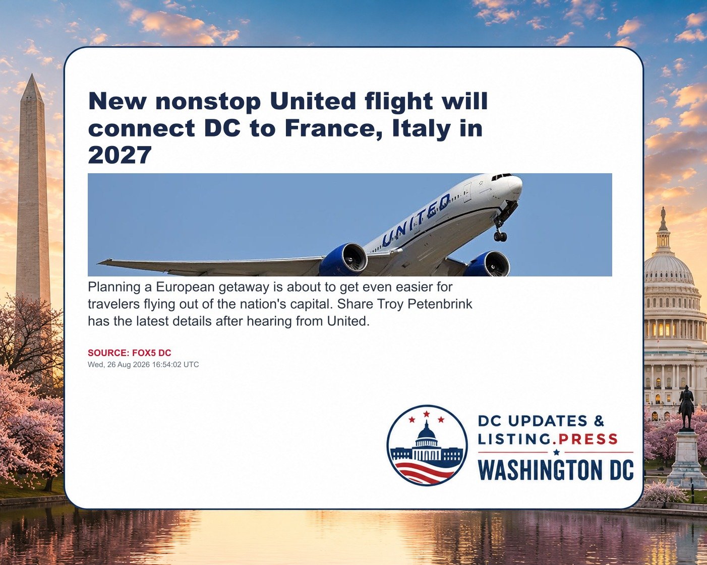 New nonstop United flight will connect DC to France, Italy in 2027