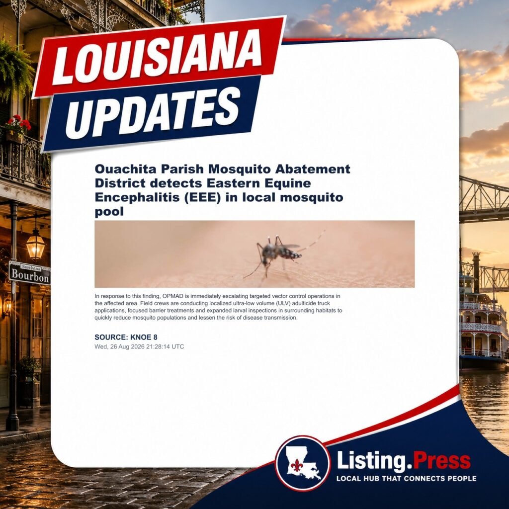 Ouachita Parish Mosquito Abatement District detects Eastern Equine Encephalitis (EEE) in local mosquito pool
